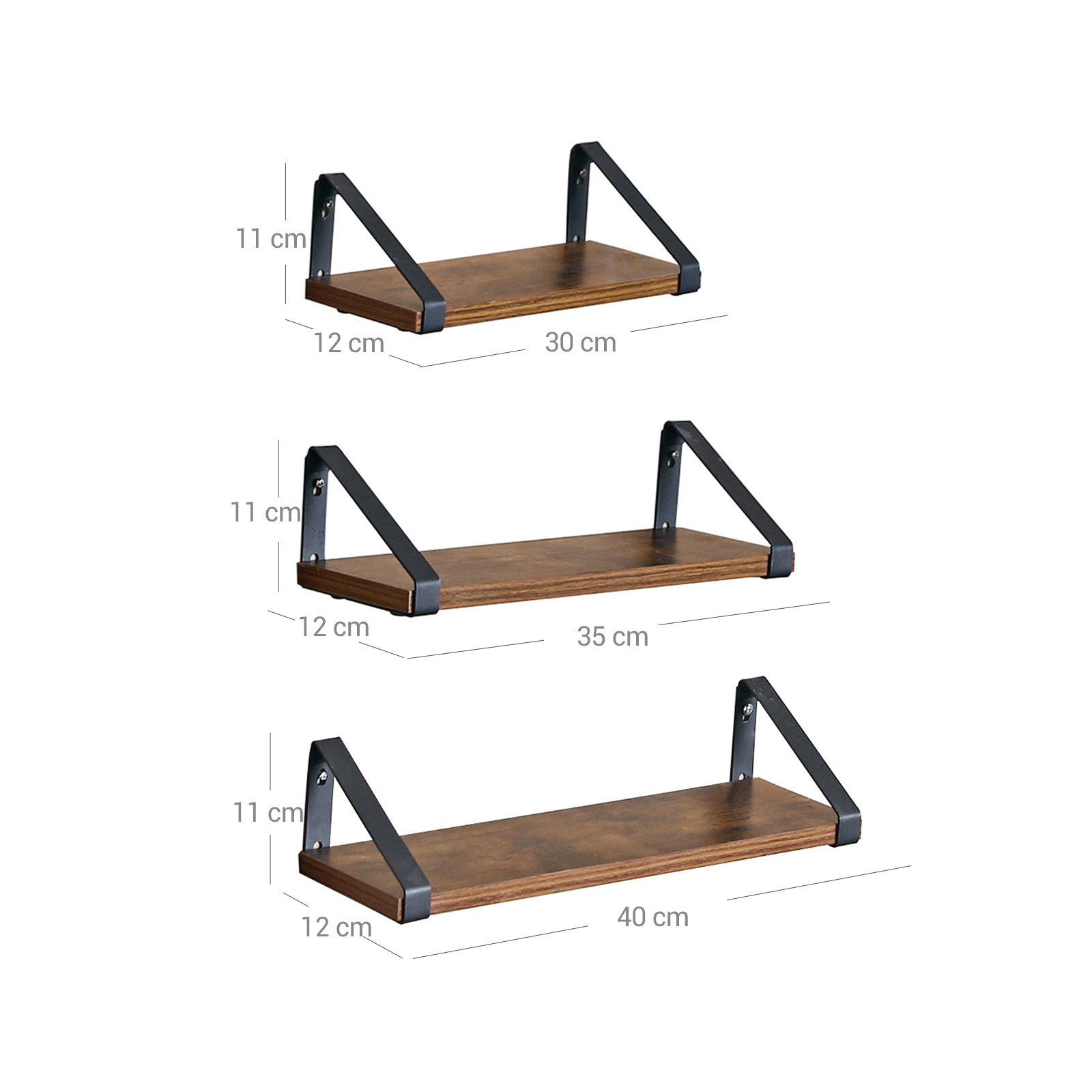 Sieninės lentynos, 3 vnt. komplektas, industrinio stiliaus, vintage rudos-juodos, 30–40 cm - Image 7