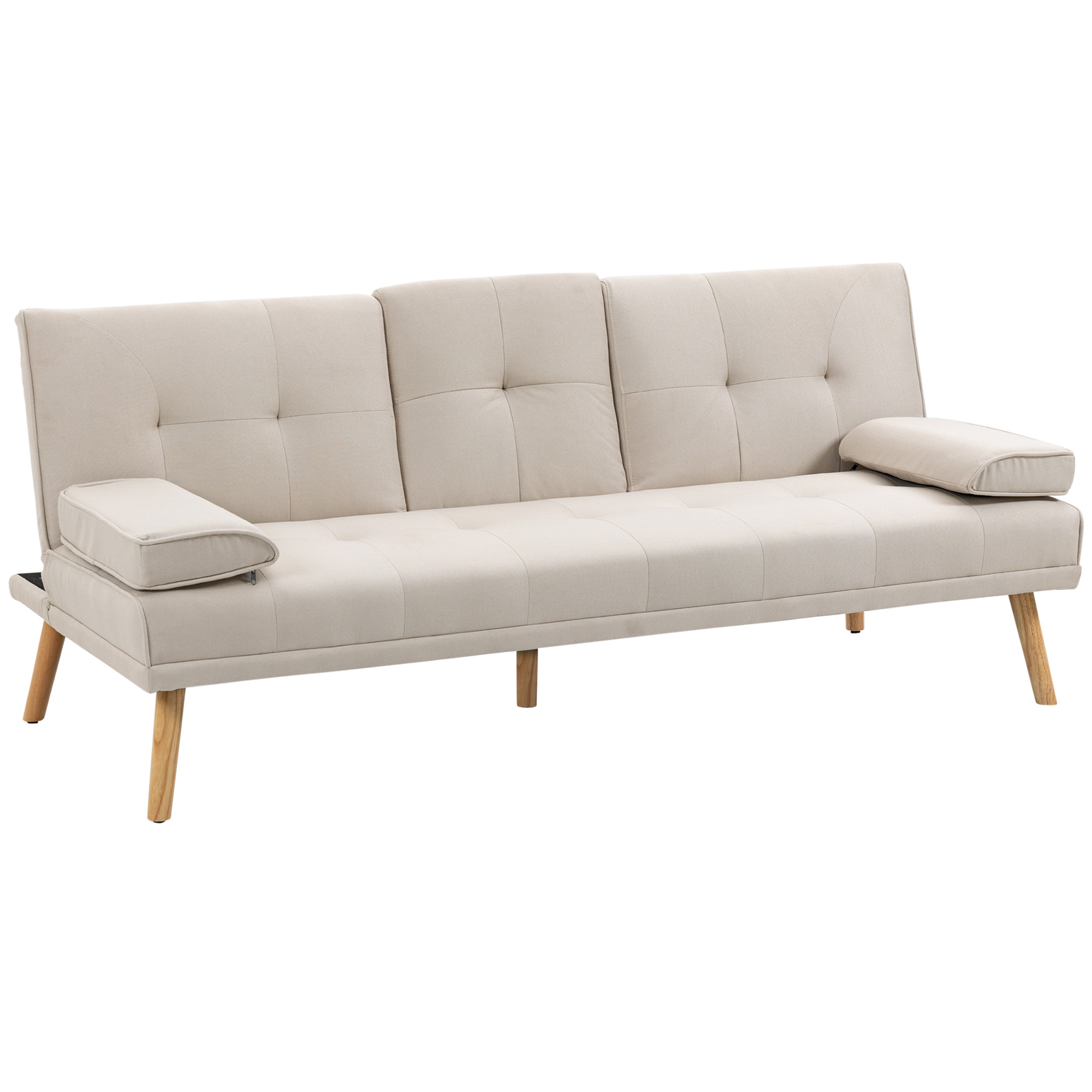 Miegamoji sofa 3 vietų, atlošas su 3 padėtimis, atlenkiamu staliuku, smėlio spalvos, 181 x 77 x 78 cm