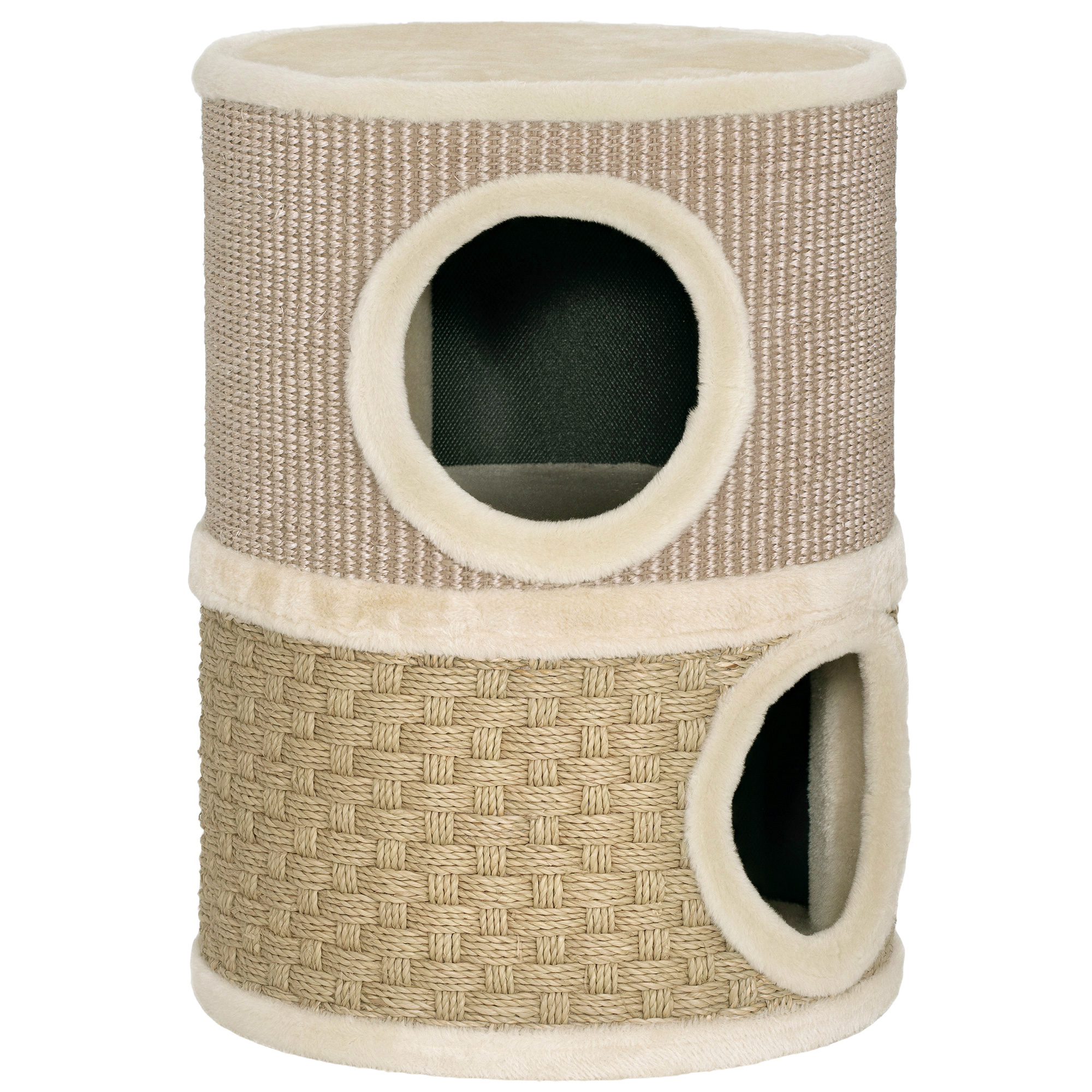 Kasside kraapimistünn, 49 cm kõrge, Ø35,5 cm, kahe tasapinnaga, khaki+coffee