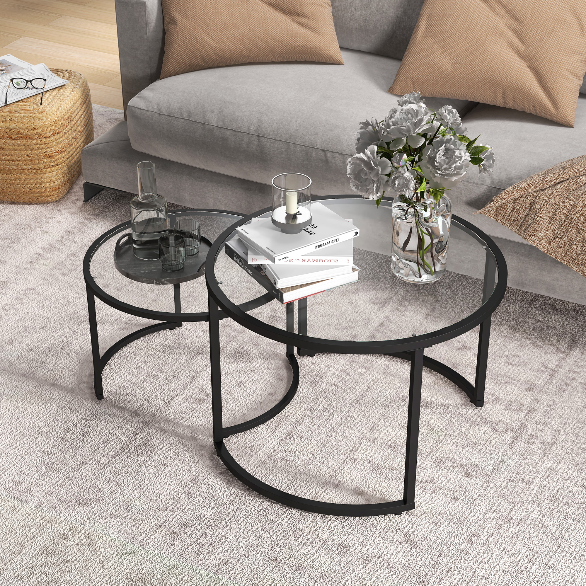 2 dalių šoninių staliukų rinkinys, juodas, stiklas, industrinis dizainas, Ø70 / Ø54 cm - Image 7