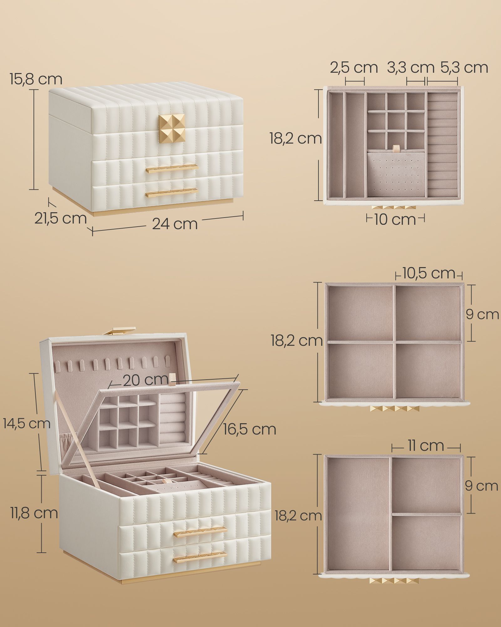 Papuošalų dėžutė su veidrodžiu, 3 aukštų, 2 stalčiai, PU, 21,5 x 24 x 15,8 cm, balta - Image 5