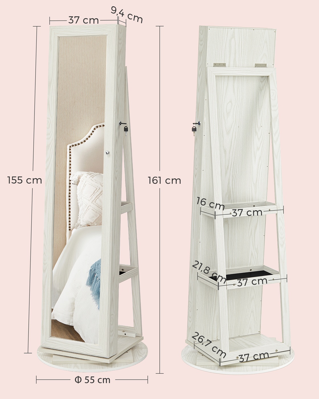 Pyörivä peilikaappi koruille, 54 x 161 x 54 cm, MDF, valkoinen puunsyykuviolla - Image 6
