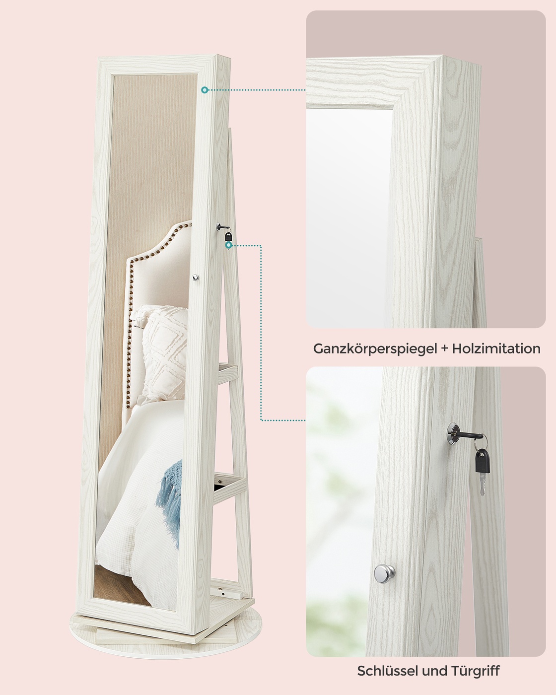 Pyörivä peilikaappi koruille, 54 x 161 x 54 cm, MDF, valkoinen puunsyykuviolla - Image 8