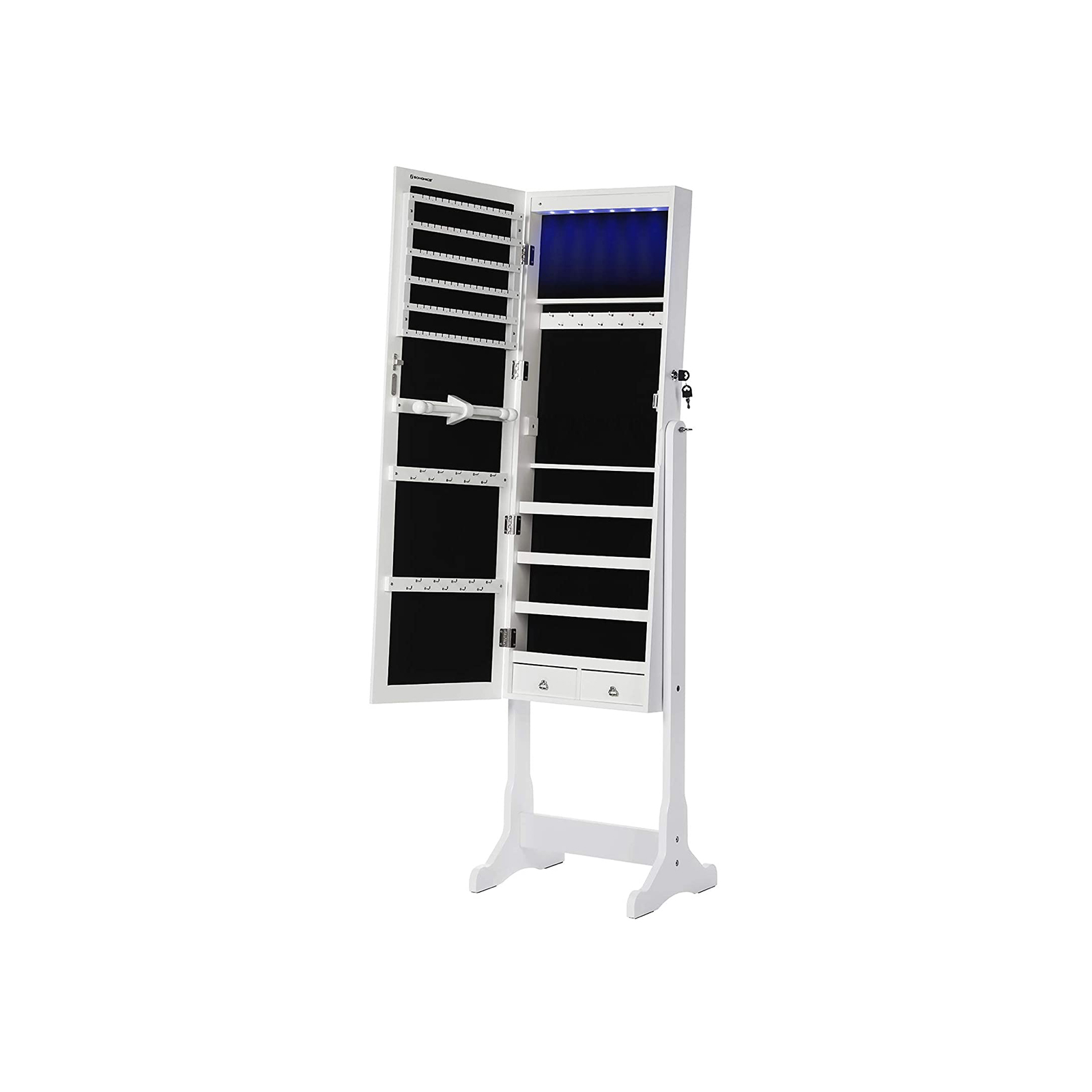 Pastatoma veidrodinė papuošalų spintelė su LED, balta, MDF, 41 x 151 x 36,5 cm