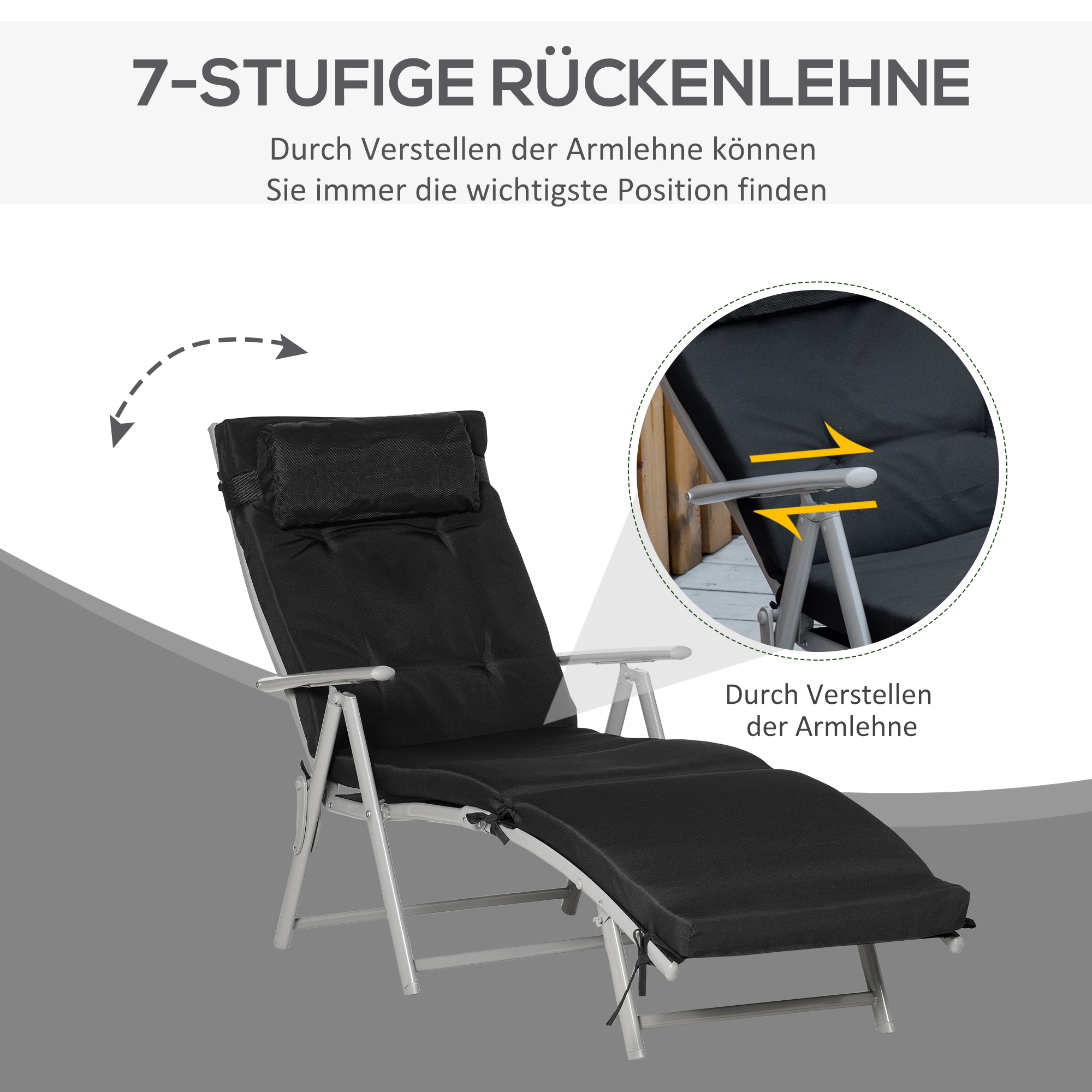 Taitettava aurinkotuoli, musta / hopea, enintään 165 kg - Image 4