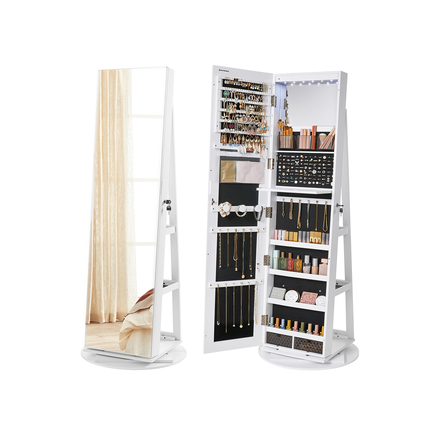 Papuošalų spintelė su veidrodžiu, 360° pasukama, rakinama, balta su medžio raštu, 162 cm