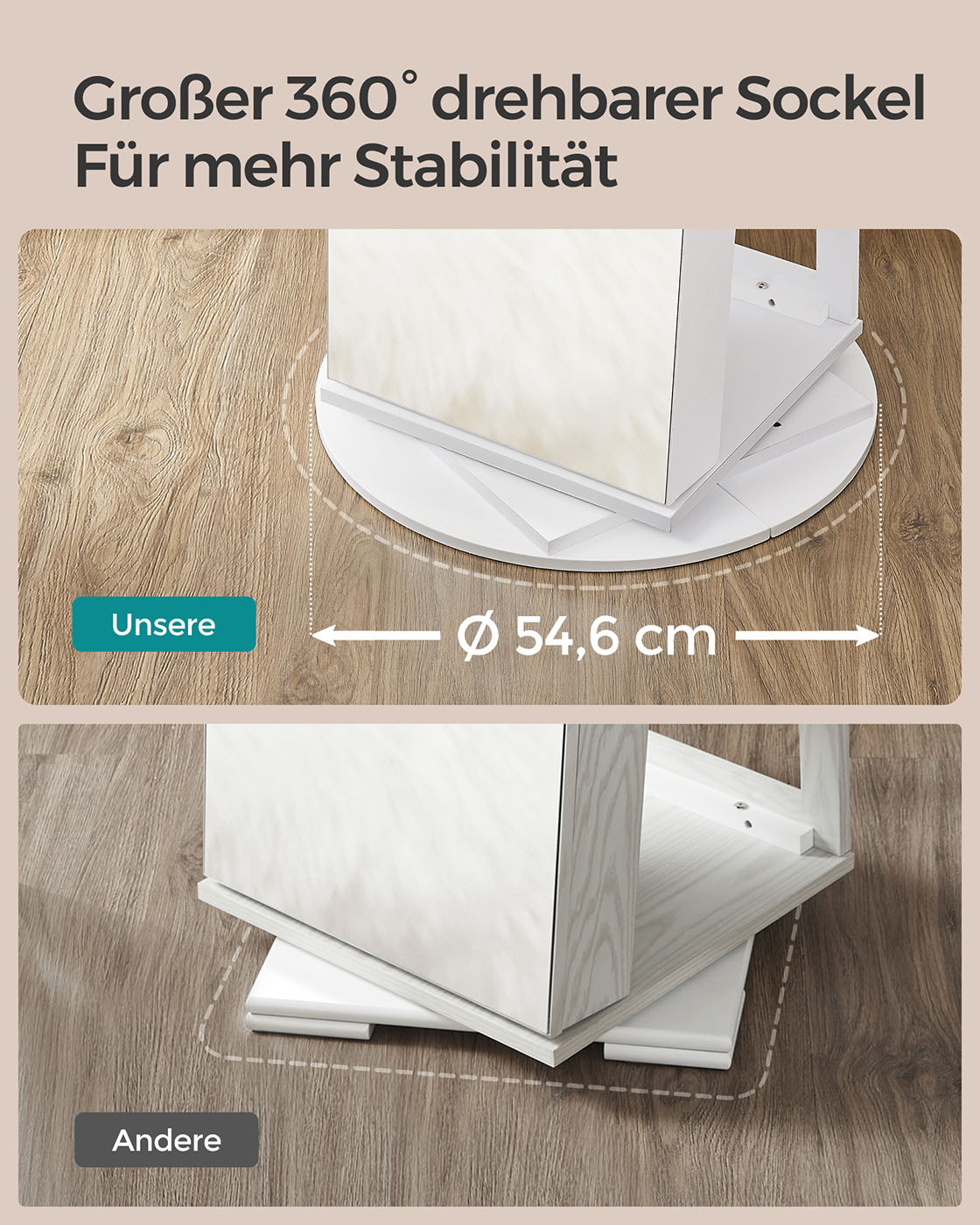 Papuošalų spintelė su veidrodžiu, 360° pasukama, rakinama, balta su medžio raštu, 162 cm - Image 6