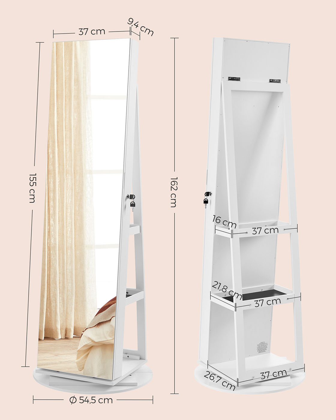 Papuošalų spintelė su veidrodžiu, 360° pasukama, rakinama, balta su medžio raštu, 162 cm - Image 7