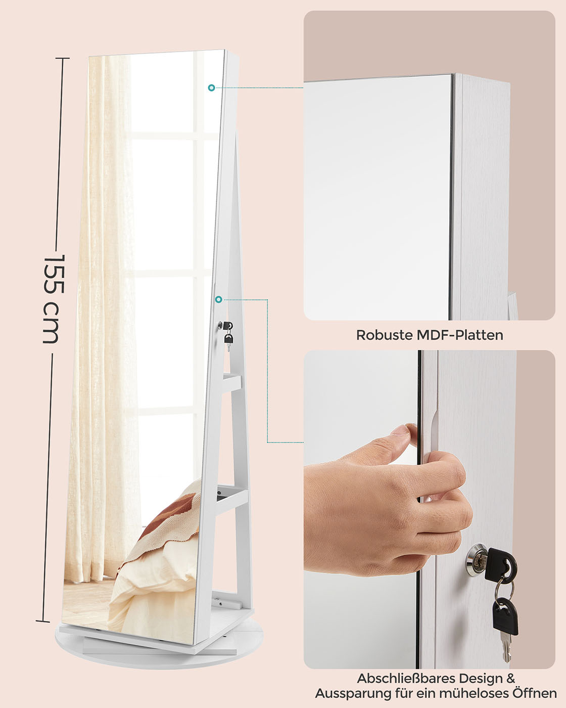 Papuošalų spintelė su veidrodžiu, 360° pasukama, rakinama, balta su medžio raštu, 162 cm - Image 9