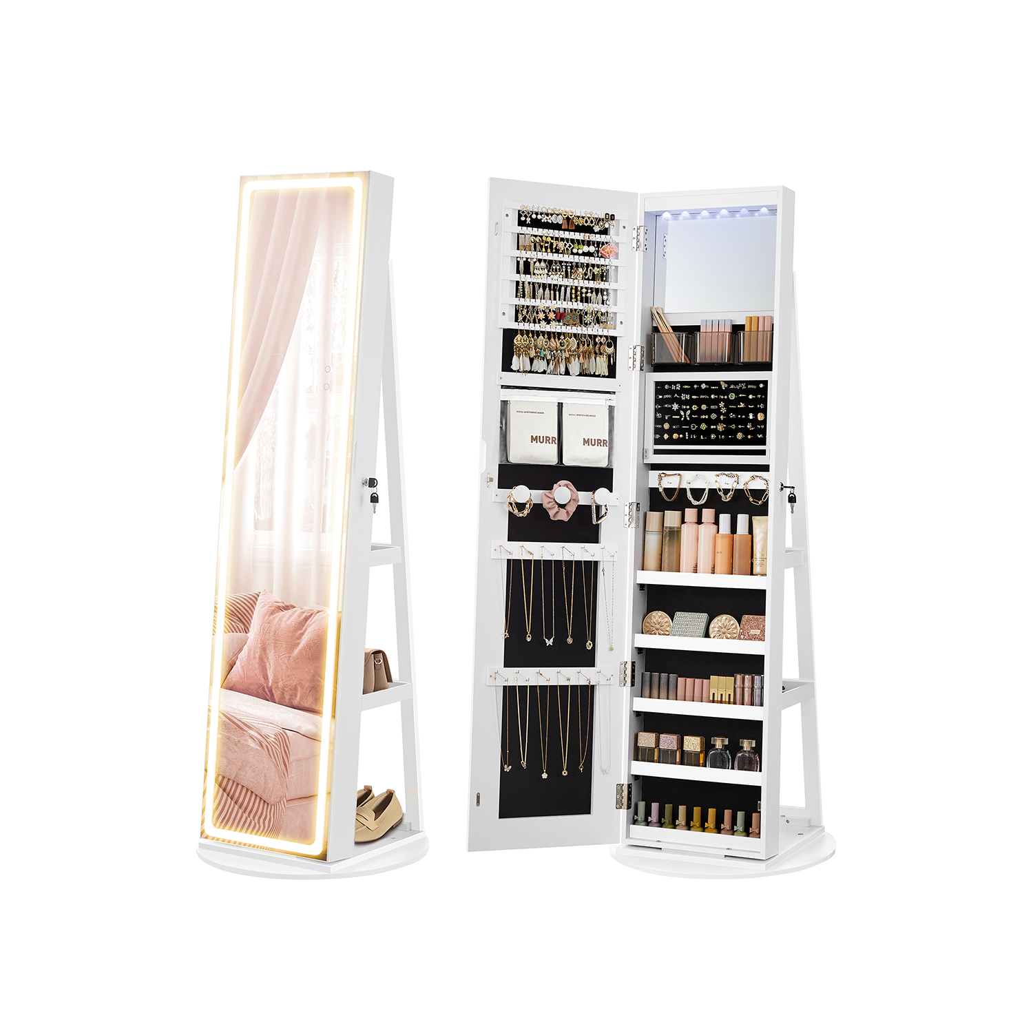 Ehete kapp LED-valgustuse ja peegliga, valge, 55 x 55 x 159 cm