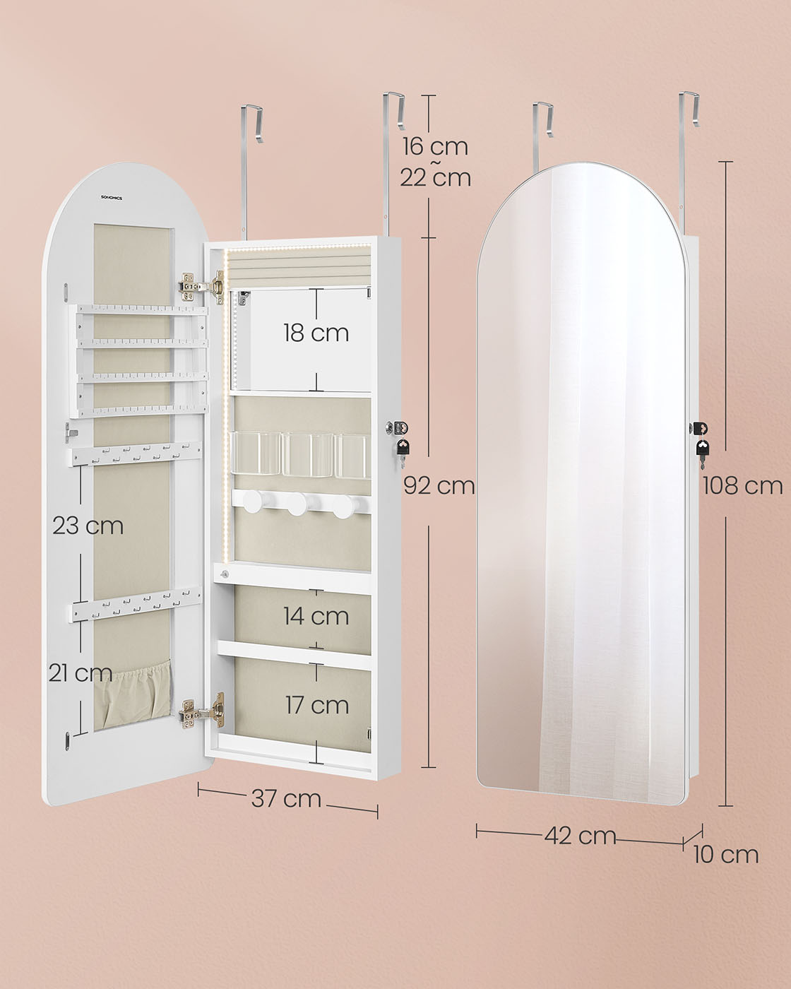 Juvelierizstrādājumu skapis ar LED apgaismojumu un iekšējo spoguli, balts, 10 x 42 x 108 cm - Image 5