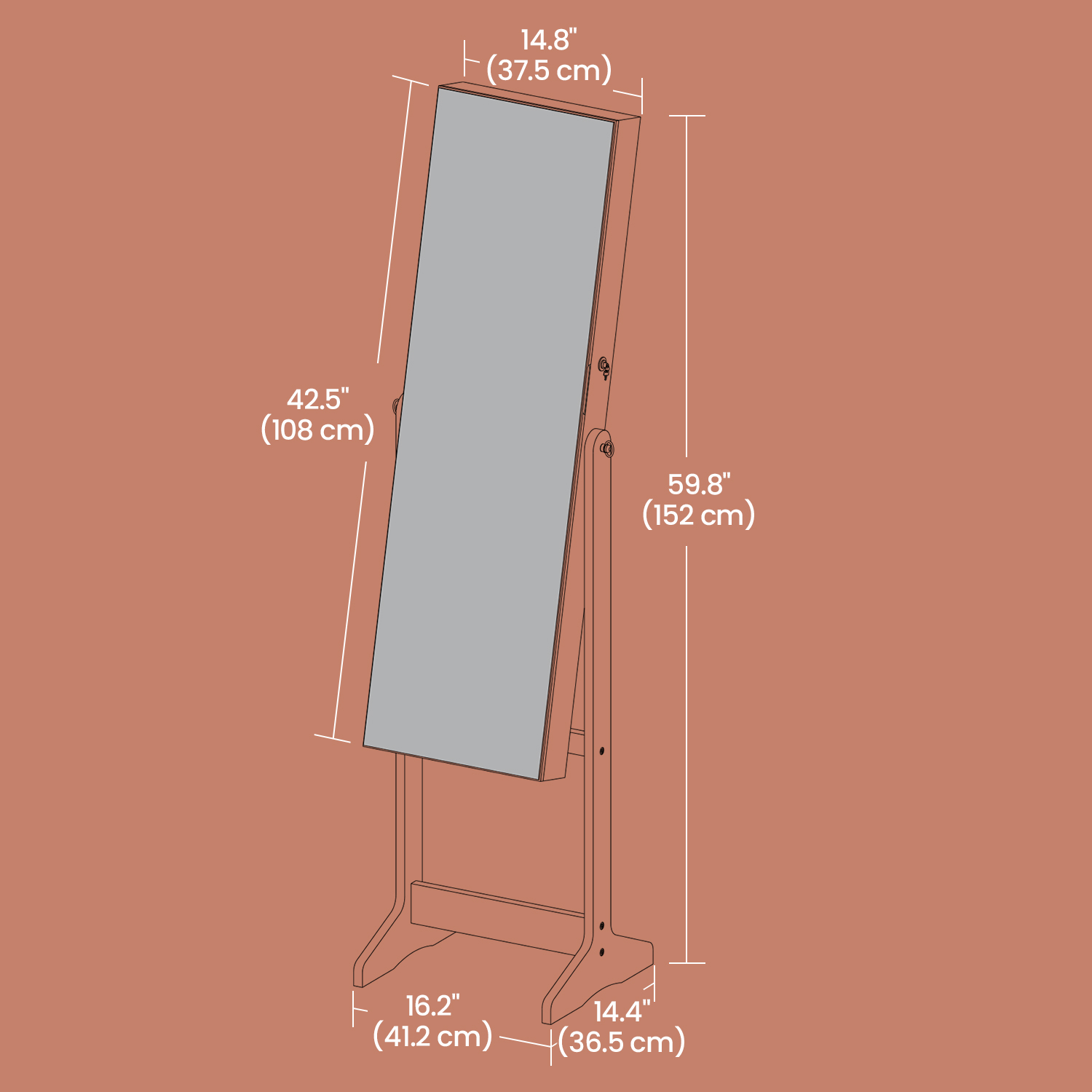 Pastatoma papuošalų spintelė su veidrodžiu, balta, MDF, 41,2 x 36,5 x 152 cm - Image 5