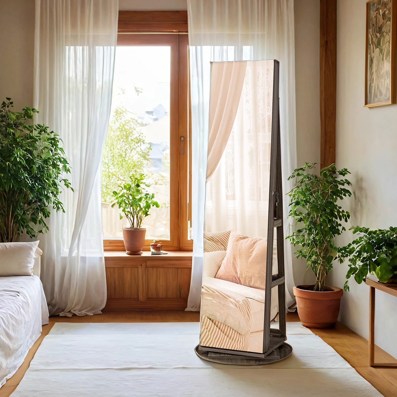 Papuošalų spintelė su berėmiu viso ūgio veidrodžiu, 360° pasukama, rakinama, ruda - Image 2