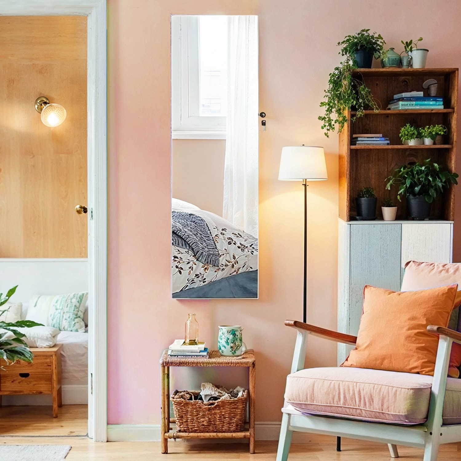 Piekarināms rotaslietu skapis ar spoguli, LED iekšējo apgaismojumu, 37 x 9,3 x 108 cm, balts - Image 2