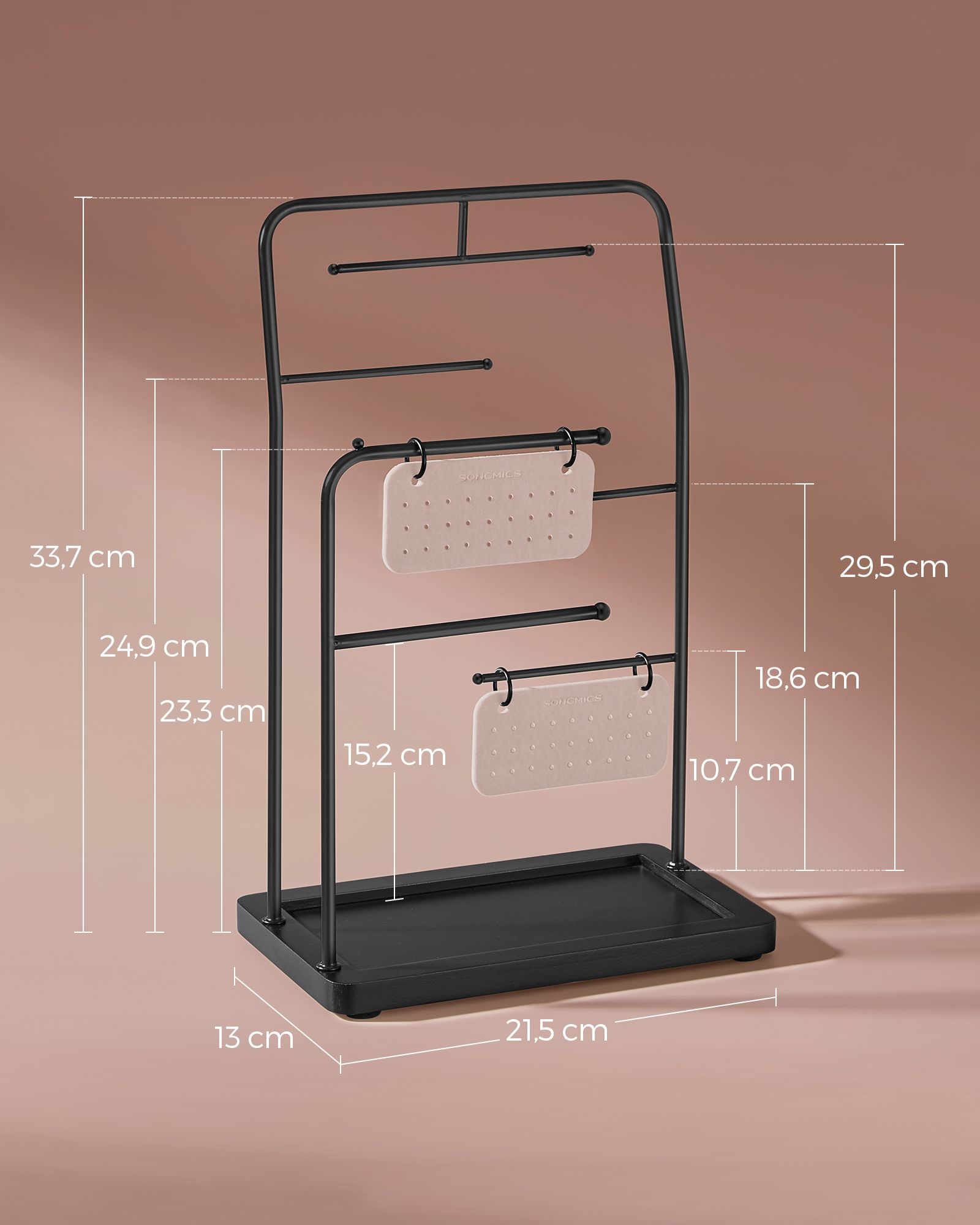 Papuošalų stovas iš metalo, juodas, 13 x 21,5 x 33,7 cm, su 6 kabinimo strypais - Image 6
