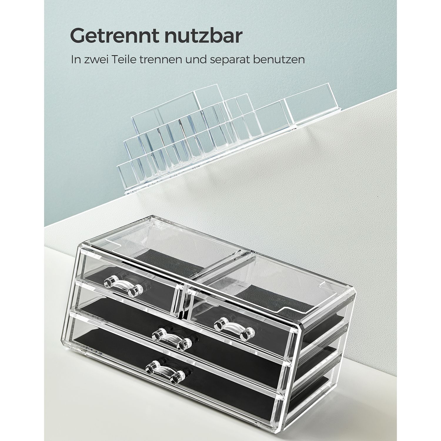 Kosmētikas organizators ar 4 atvilktnēm un 11 nodalījumiem, akrils, caurspīdīgs, 14 x 23,5 x 18,7 cm - Image 4