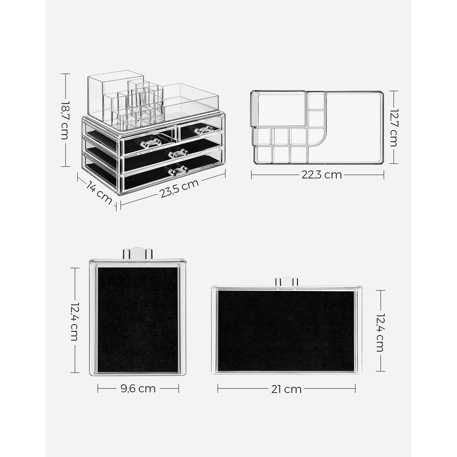 Kosmētikas organizators ar 4 atvilktnēm un 11 nodalījumiem, akrils, caurspīdīgs, 14 x 23,5 x 18,7 cm - Image 6