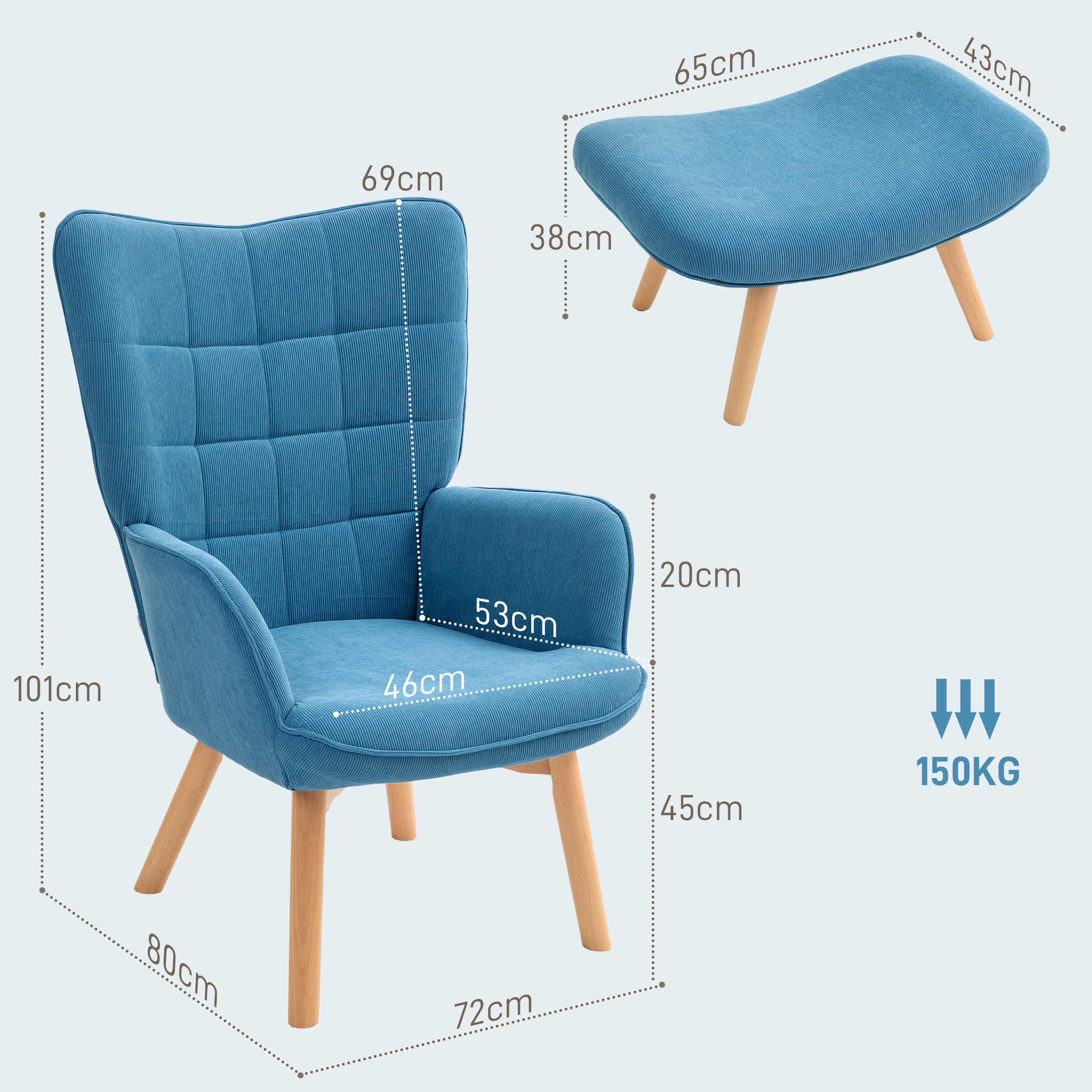 Mėlynas akcentinis krėslas su pufu, aksomo imitacija, 72 x 80 x 101 cm - Image 3
