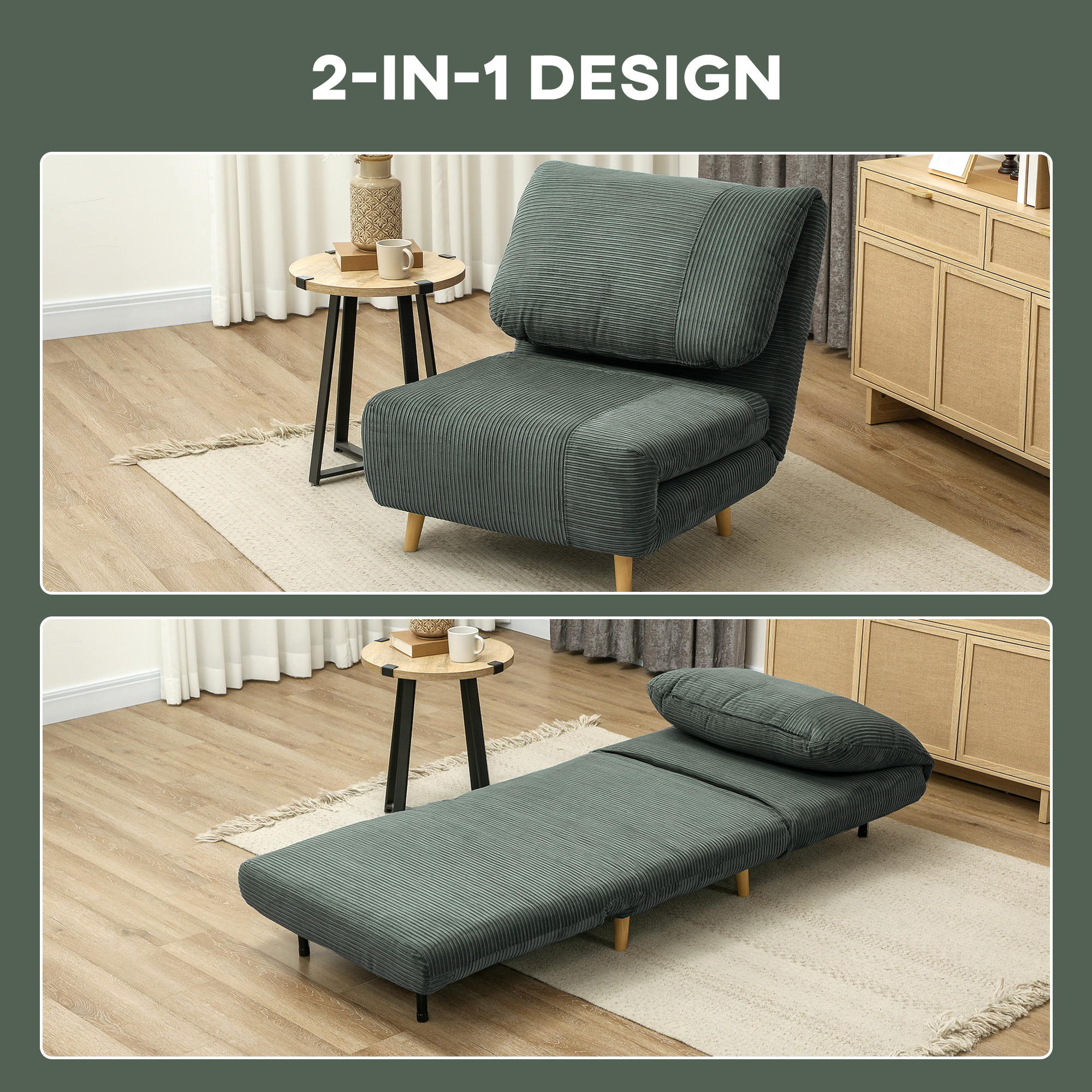 2-in-1 guļamkrēsls / viesu gulta, regulējams atzveltne, korduroja efekts, 82 x 87 x 89 cm, zaļš - Image 4
