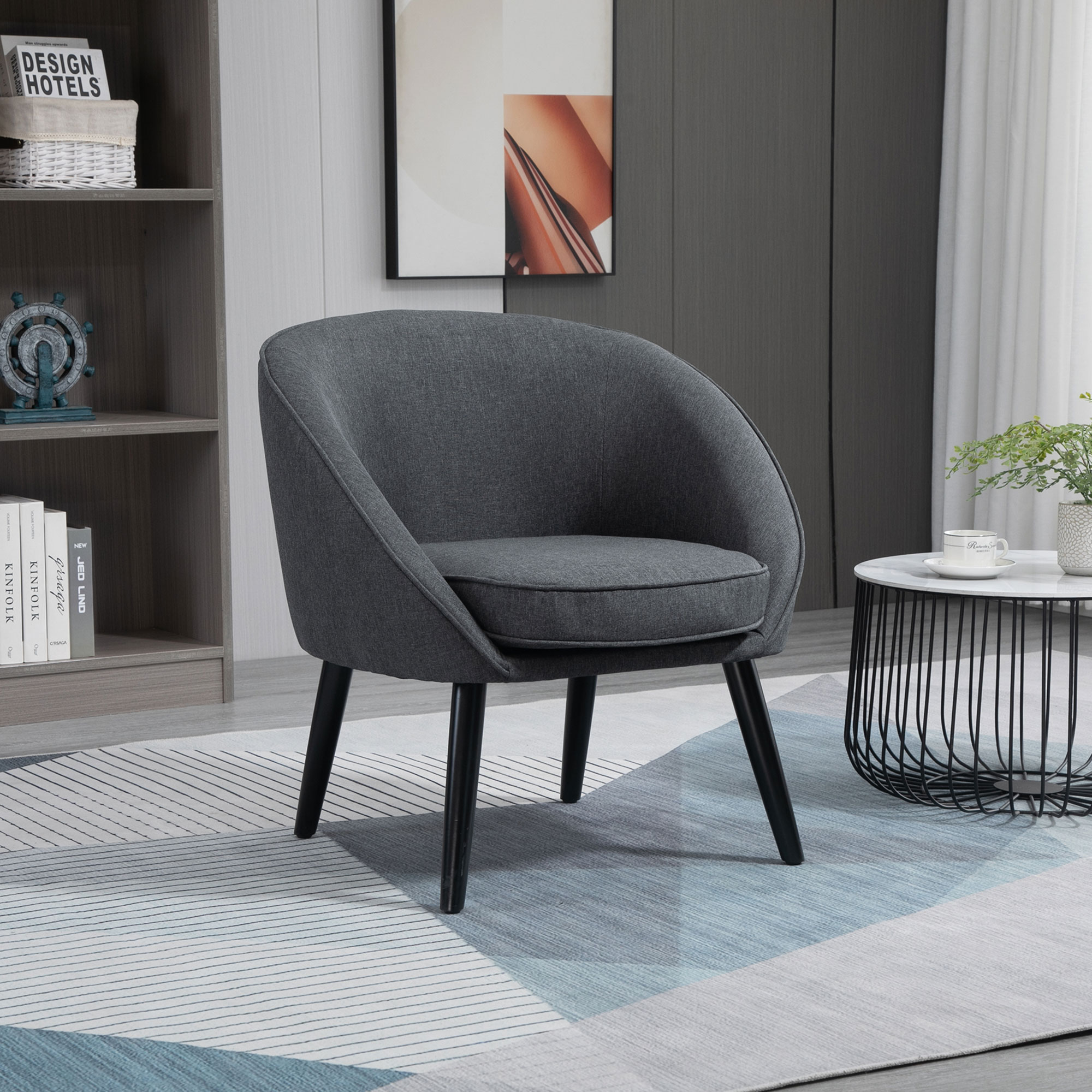 Lounge-nojatuoli, harmaa, pellavamainen polyesteri ja puu, 71 x 65 x 75 cm - Image 2
