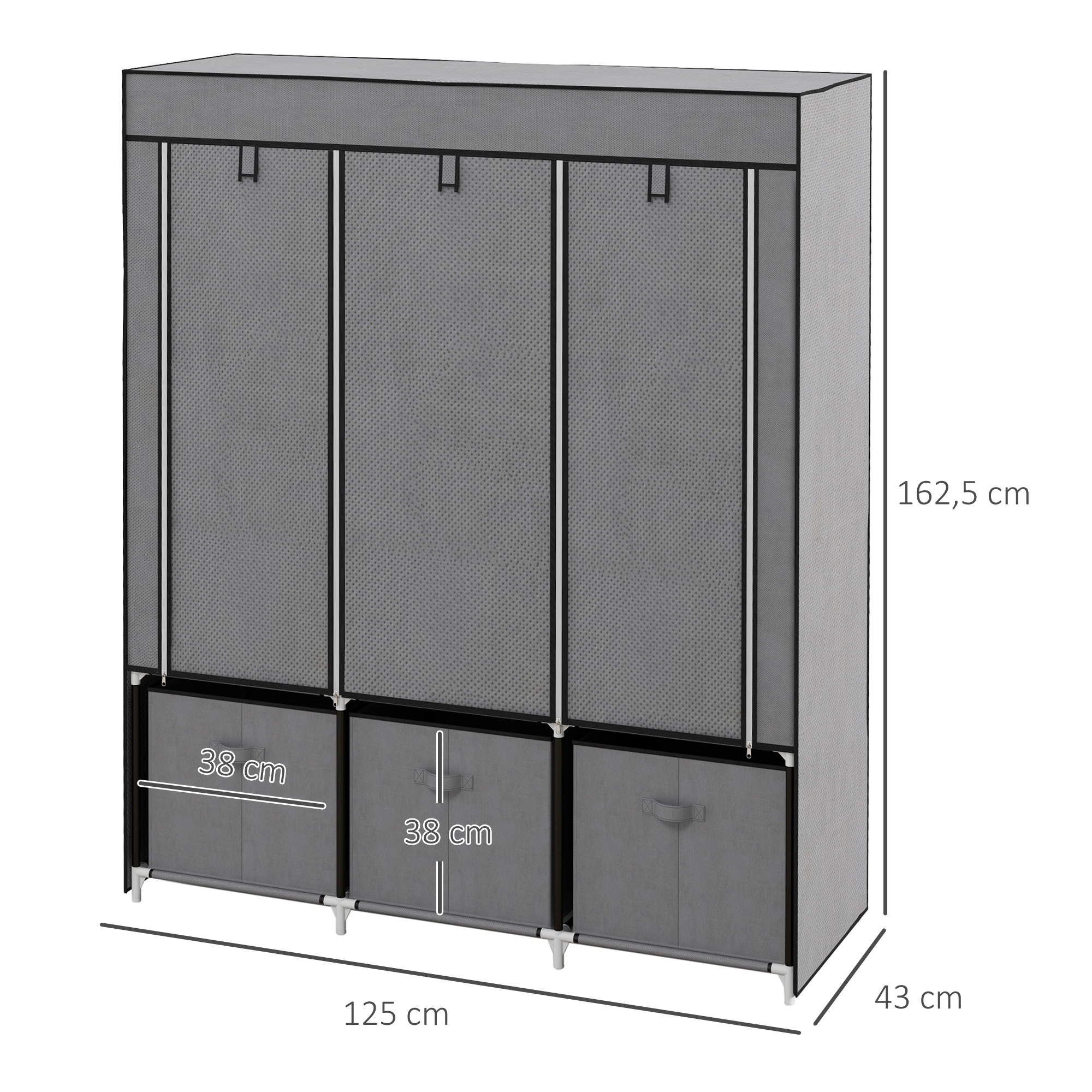 Kangaskaappi, tummanharmaa, 125 x 43 x 162,5 cm, 3 laatikkoa - Image 3