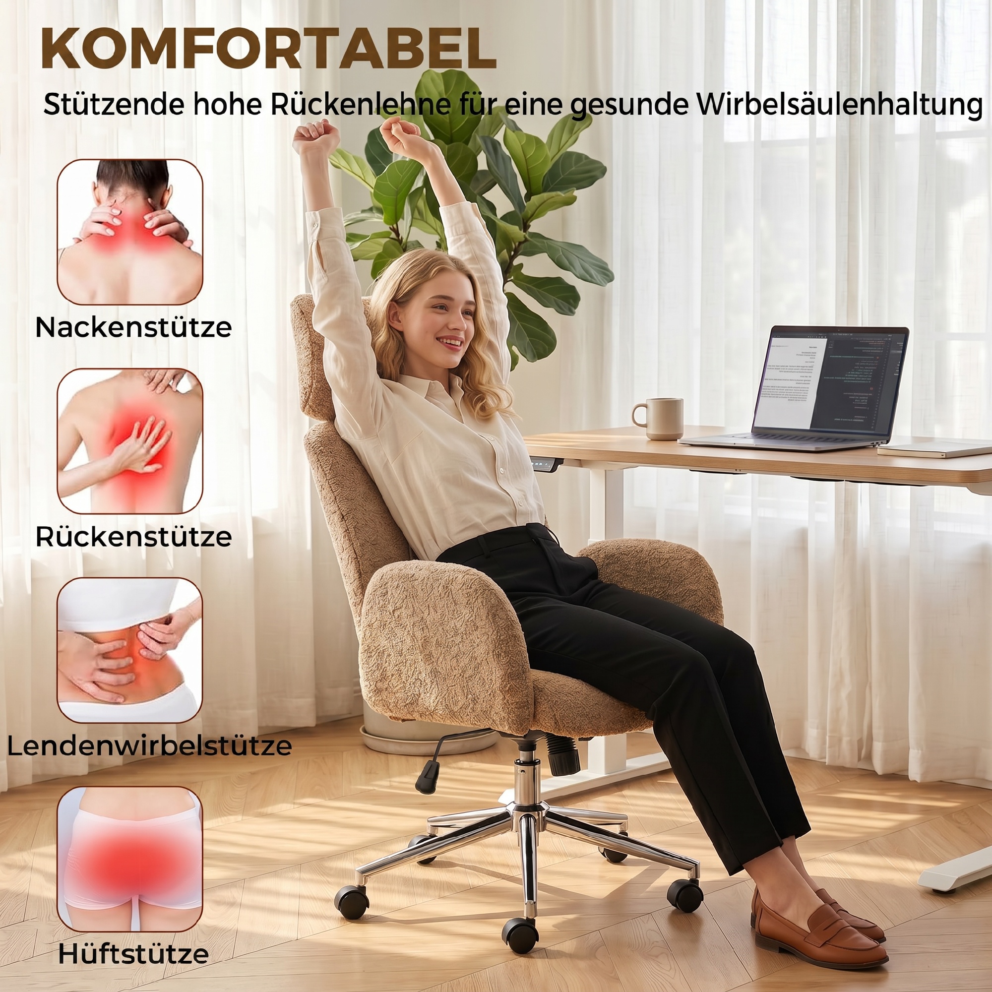 Biroja krēsls ar regulējamu galvas balstu, ergonomisks, šūpošanās funkcija, brūns, 115-123 cm - Image 4
