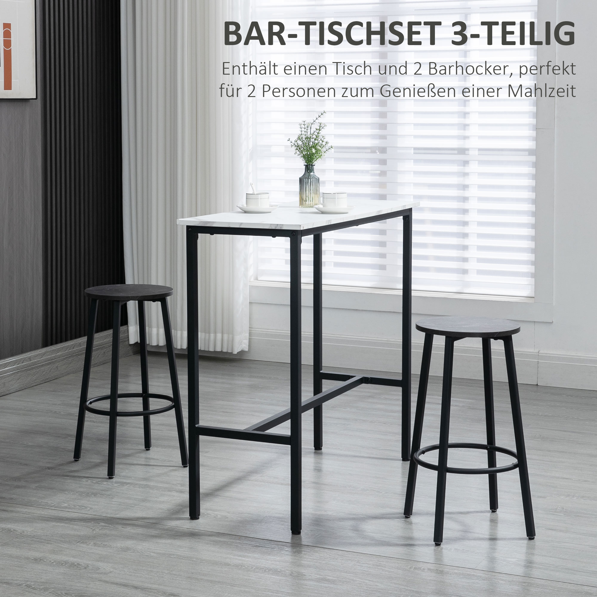 3-osainen baaripöytäsetti 2 baarijakkaralla, valkoinen marmorikuosi, teräsrunko - Image 4