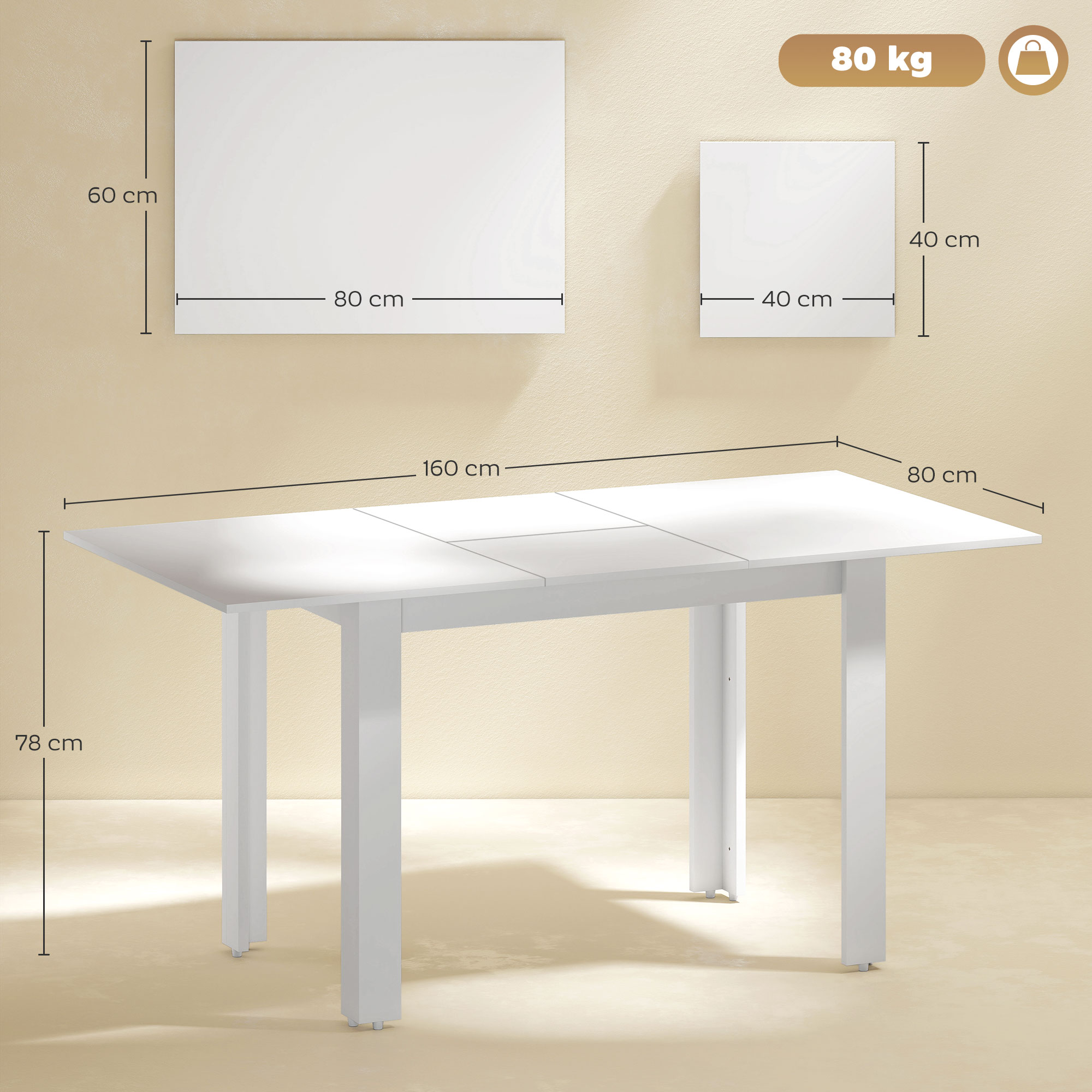 Išskleidžiamas valgomojo stalas, 120-160 x 80 cm, blizgiai balta, MDF - Image 3