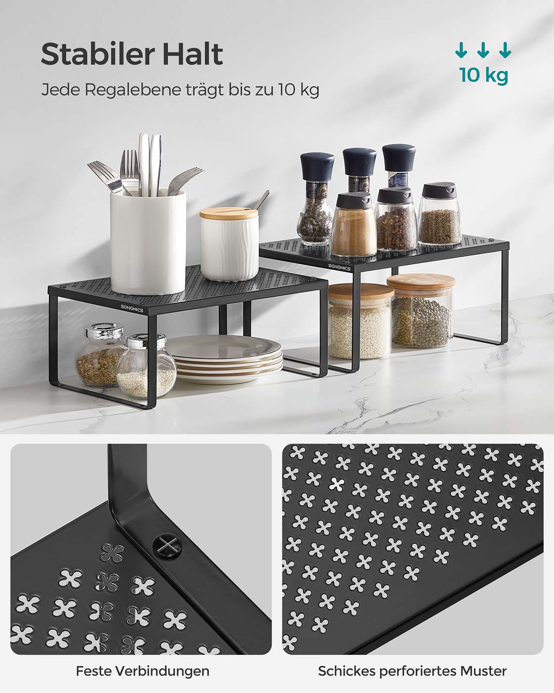 Prieskonių lentynėlių komplektas, 4 dalių, išplečiamas ir sukraunamas, metalinis, juodas - Image 4