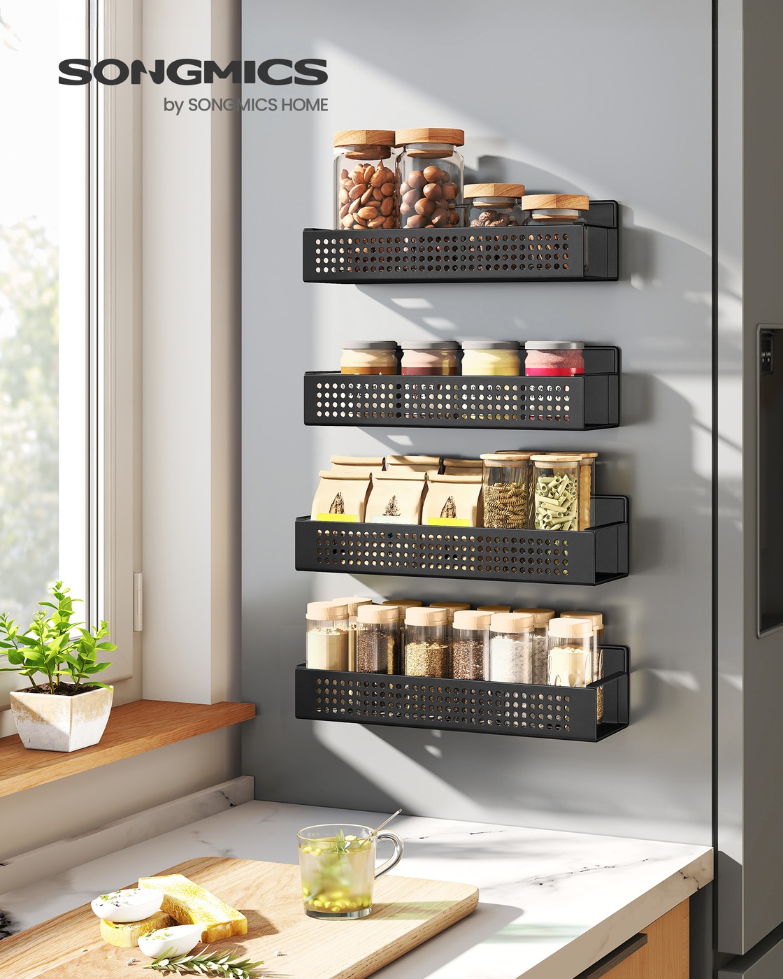 Magnetinių prieskonių lentynėlių komplektas, 4 dalių, plienas, juodas - Image 2