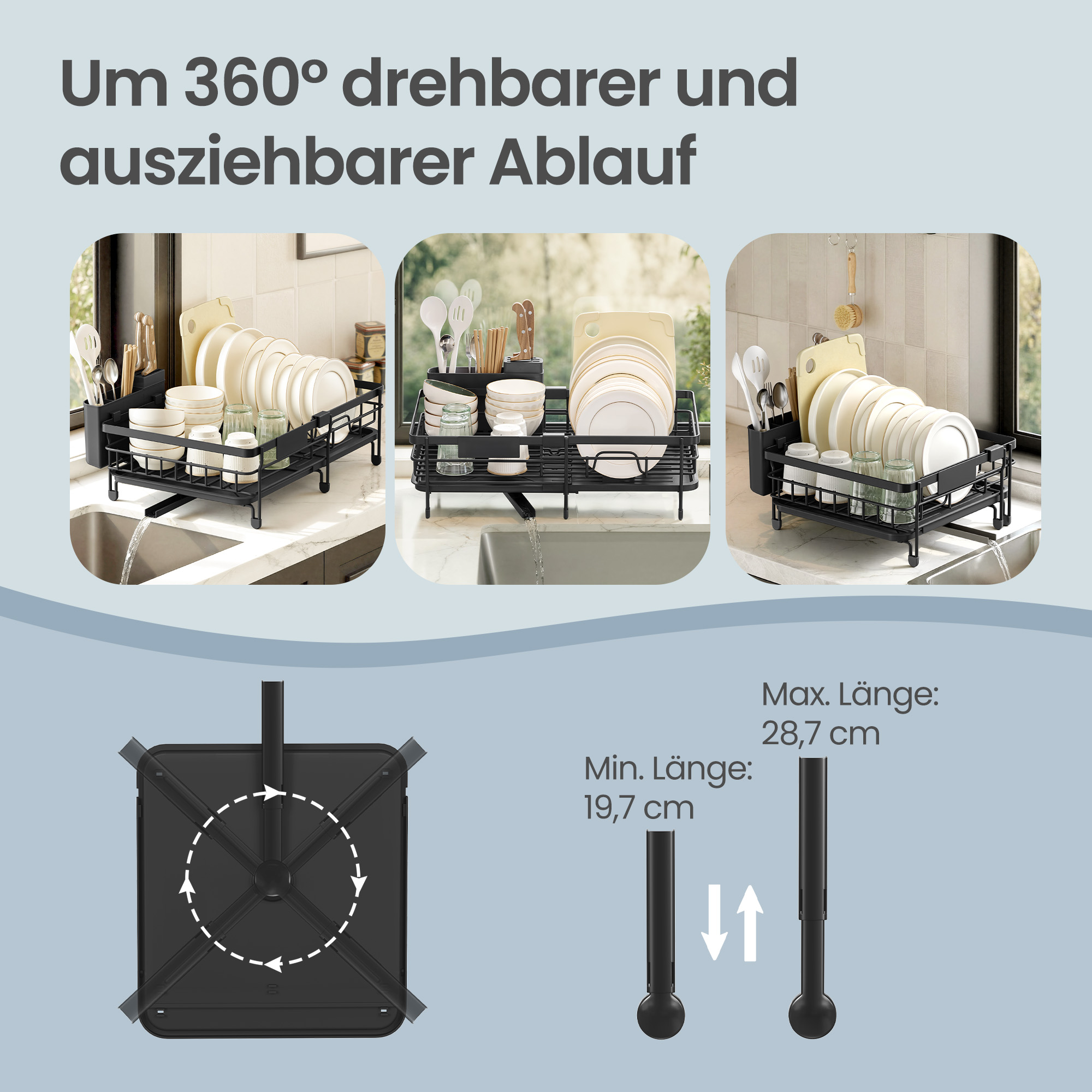 Ištraukiama indų džiovyklė iš plieno ir PP plastiko, juoda, 30,2–46,5 x 29,6 x 14 cm - Image 6