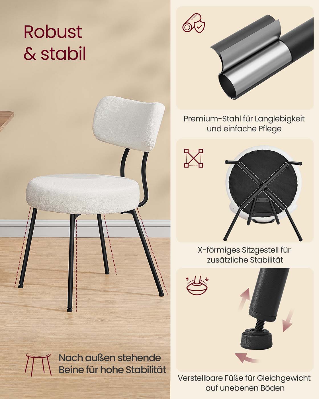 Valgomojo kėdės, 2 vnt. komplektas, kreminės baltos, vilnos imitacijos paviršius, plieninis rėmas - Image 5