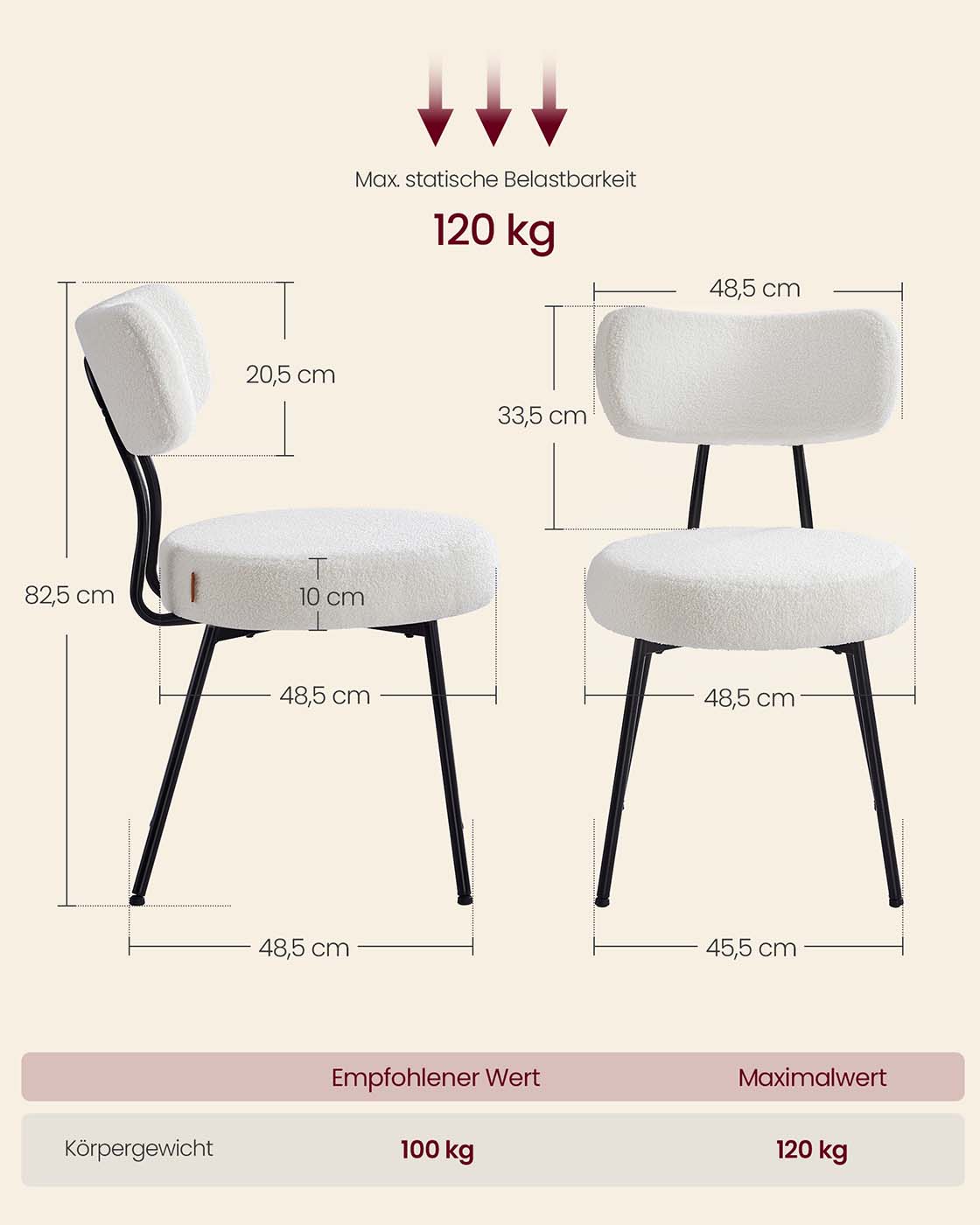 Valgomojo kėdės, 2 vnt. komplektas, kreminės baltos, vilnos imitacijos paviršius, plieninis rėmas - Image 6