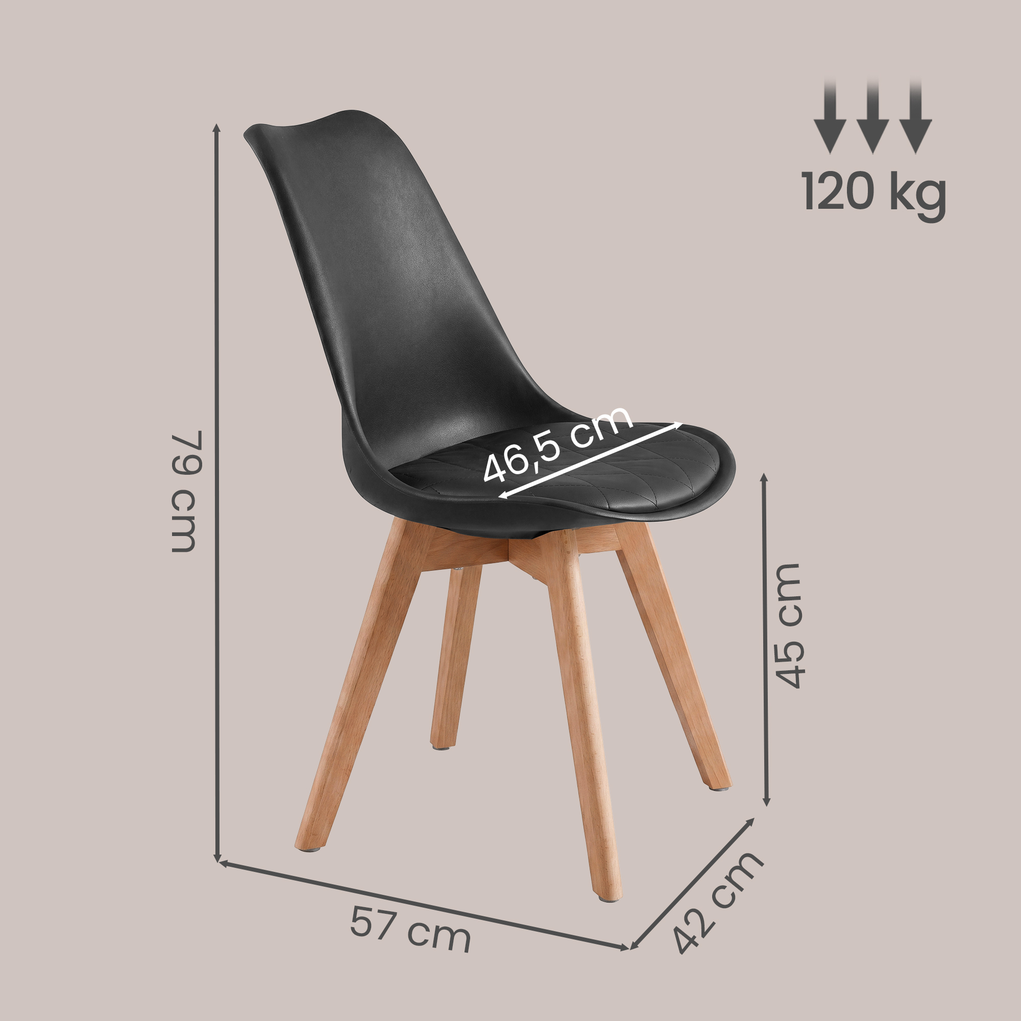 Ēdamistabas krēsli, 4 gab., polsterēti, no PU ādas un dižskābarža koka, 46,5 x 57 x 79 cm, melni - Image 3