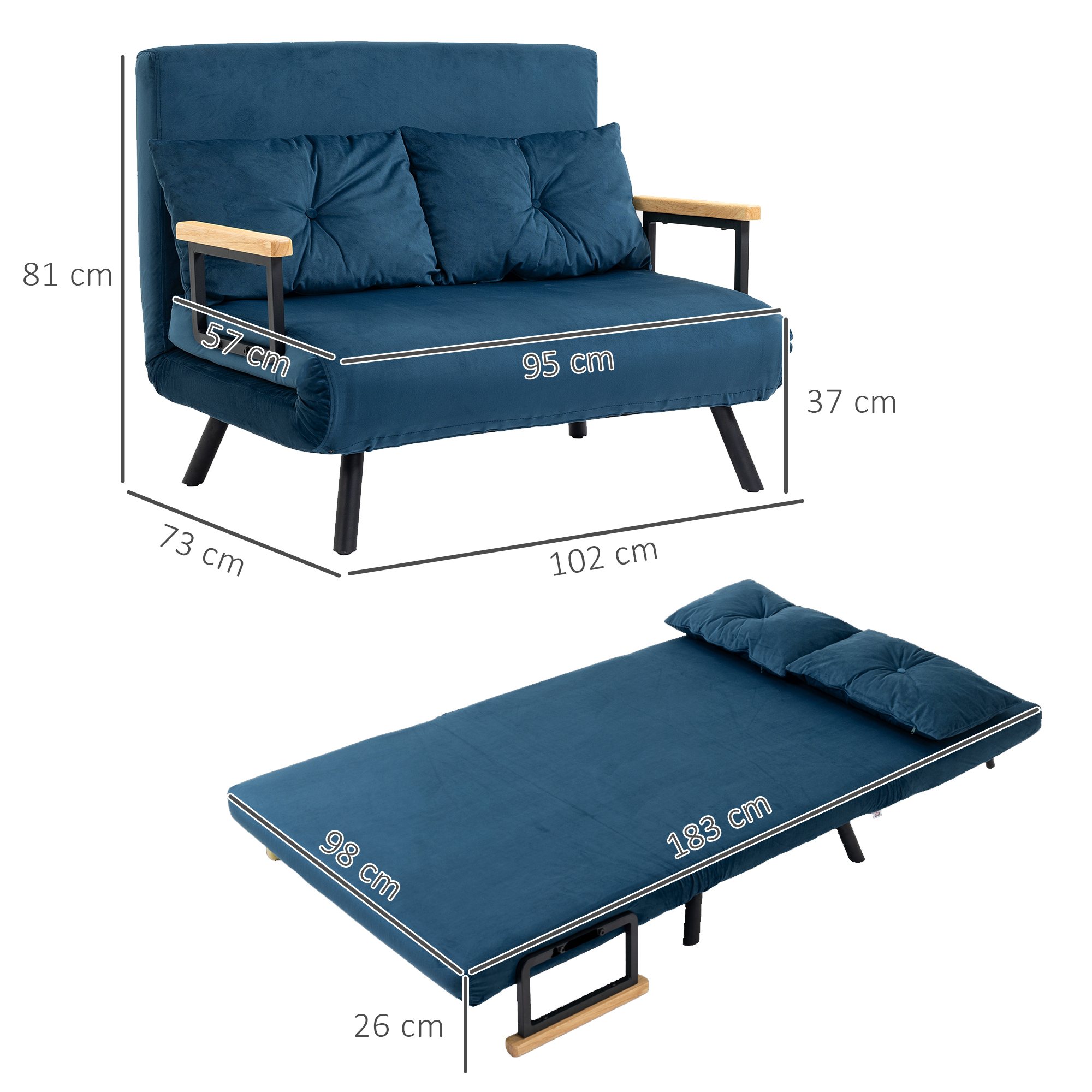 Miegamoji sofa, 2 vietų sofa, aksomo išvaizda, mėlyna, 2 pagalvės - Image 3