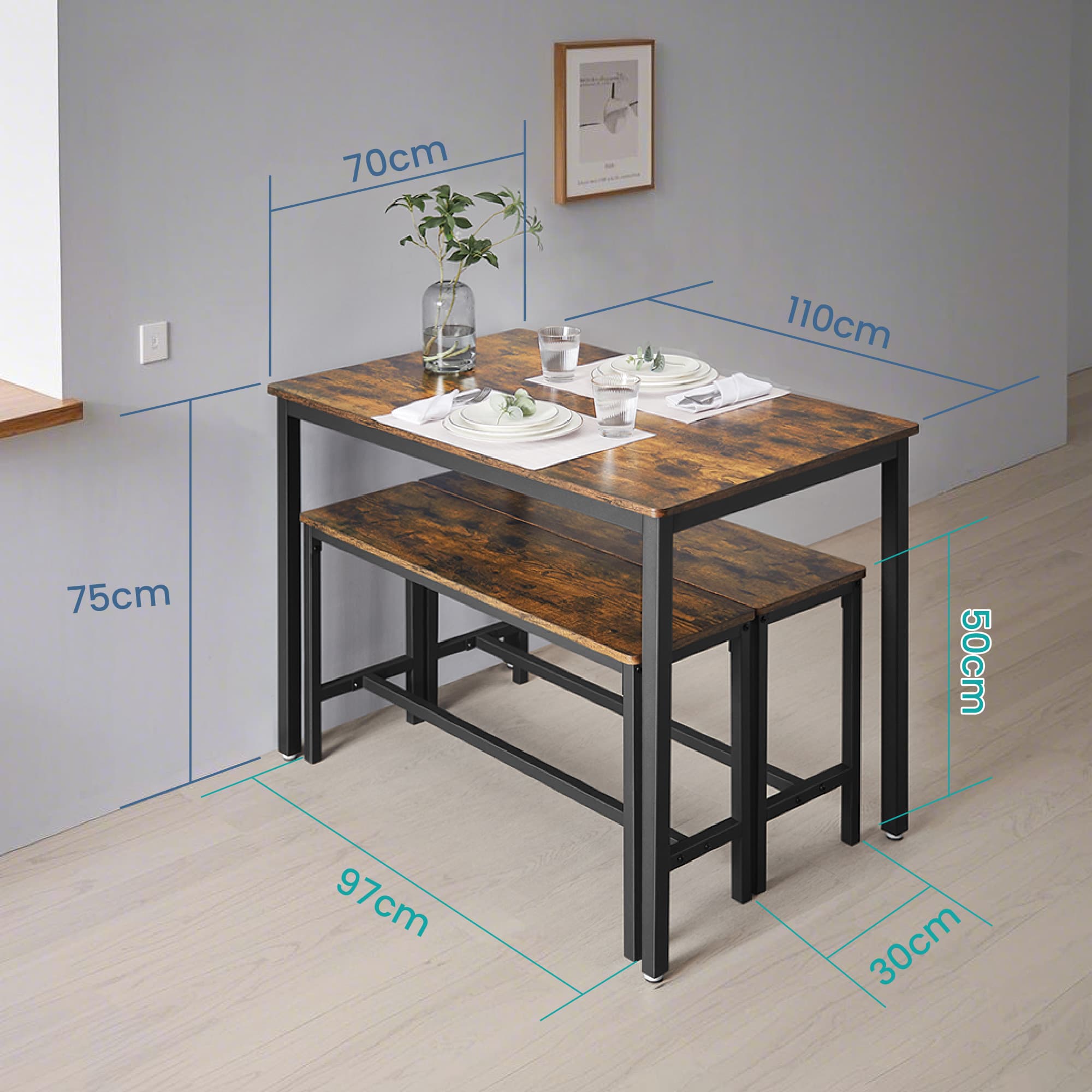 Virtuves galda komplekts ar 2 soliem, 110 x 70 x 75 cm, tērauds, brūni melns - Image 5