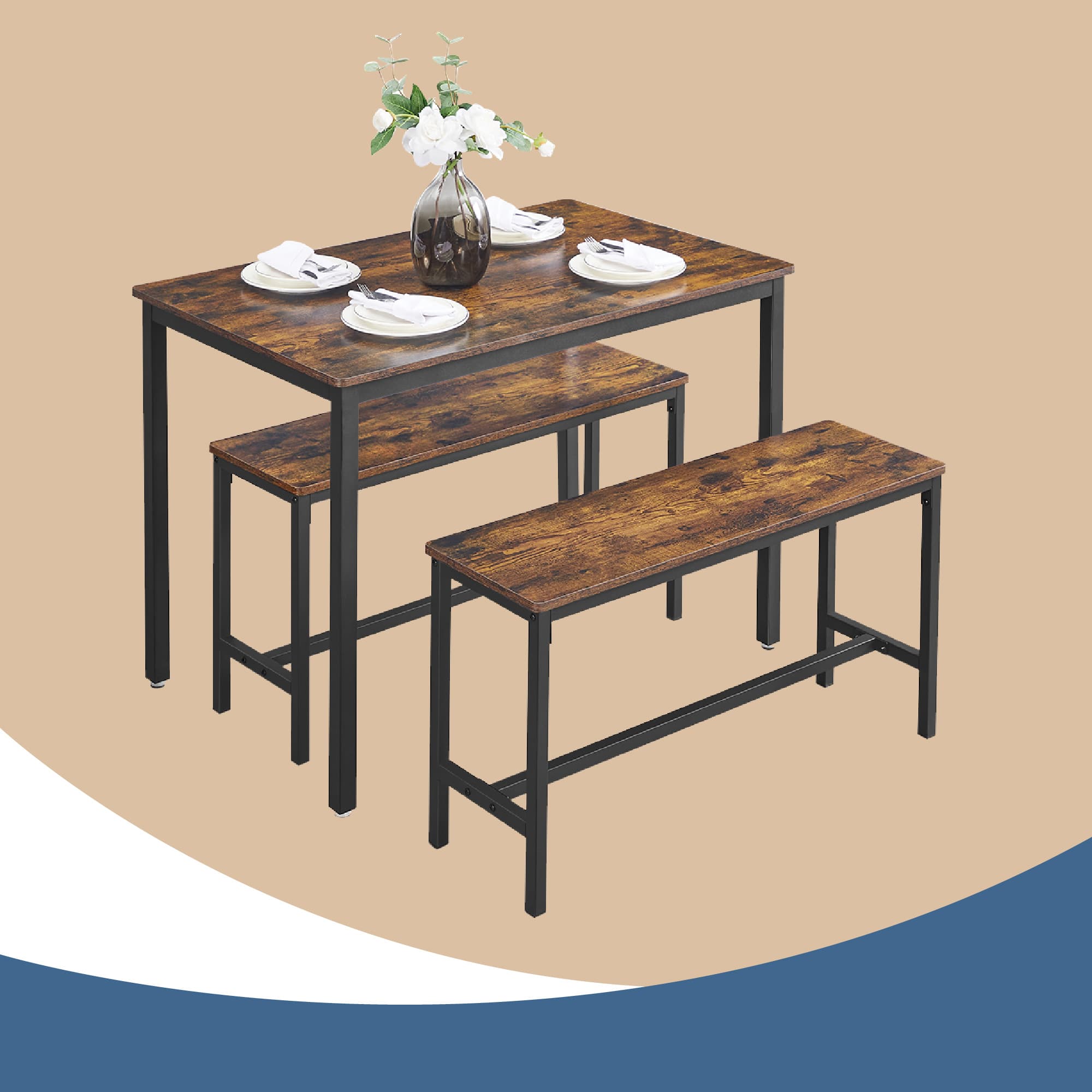 Virtuves galda komplekts ar 2 soliem, 110 x 70 x 75 cm, tērauds, brūni melns - Image 2