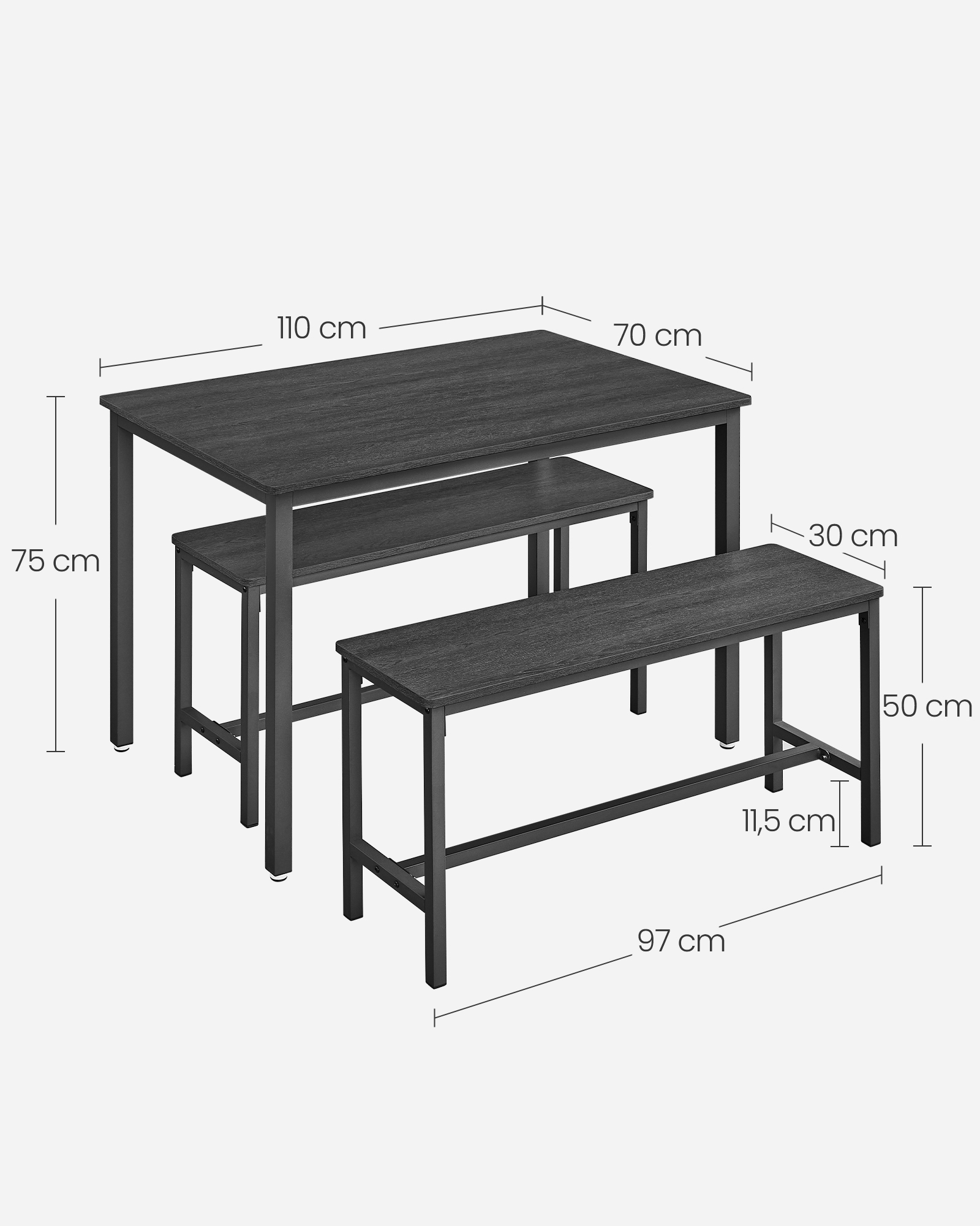 Valgomojo stalo komplektas su 2 suolais, 3 dalių, 110 x 70 x 75 cm, juodai pilkas ir juodas - Image 4