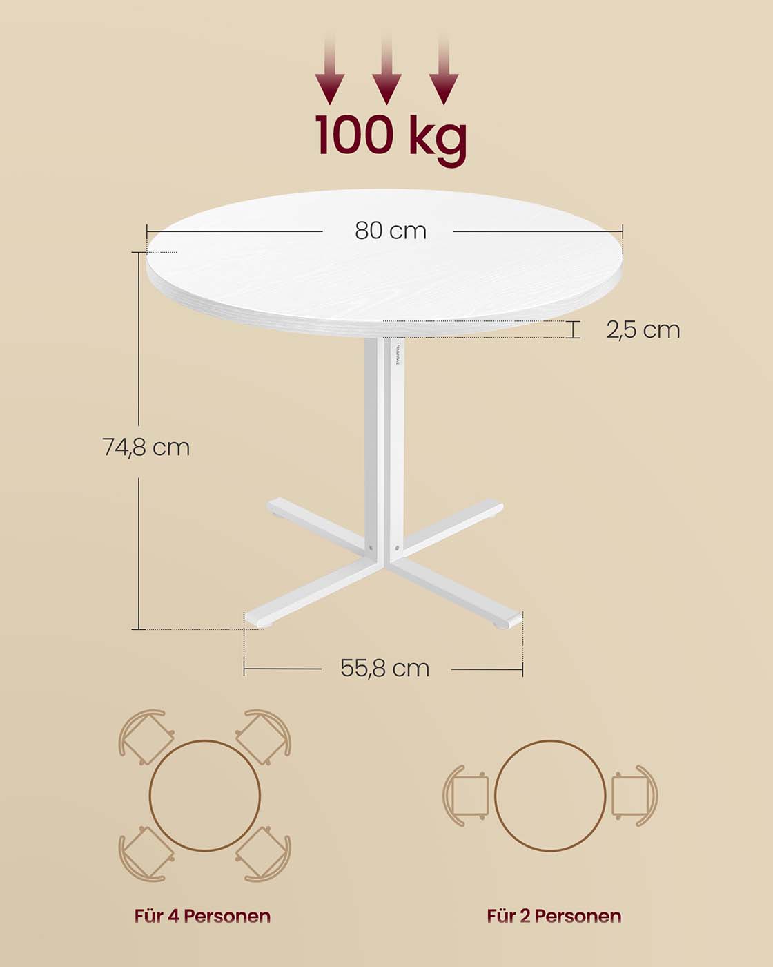 Pyöreä ruokapöytä 4 hengelle, 80 cm, lastulevyä ja terästä, lumenvalkoinen - Image 7