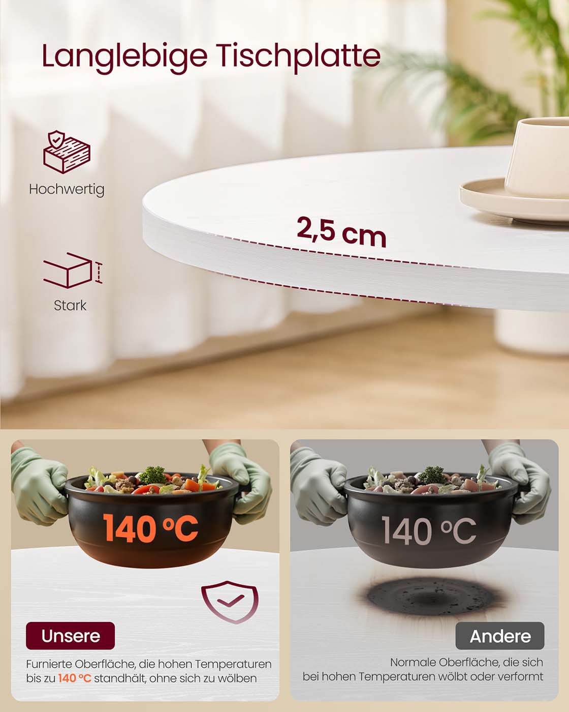 Pyöreä ruokapöytä 4 hengelle, 80 cm, lastulevyä ja terästä, lumenvalkoinen - Image 4