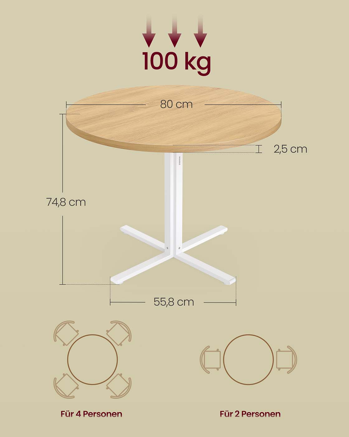 Apvalus valgomojo stalas 4 asmenims, 80 cm, aukso ąžuolo spalvos, medžio drožlių plokštė ir plienas - Image 7