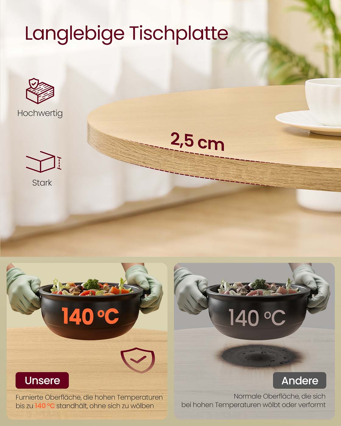 Apvalus valgomojo stalas 4 asmenims, 80 cm, aukso ąžuolo spalvos, medžio drožlių plokštė ir plienas - Image 4