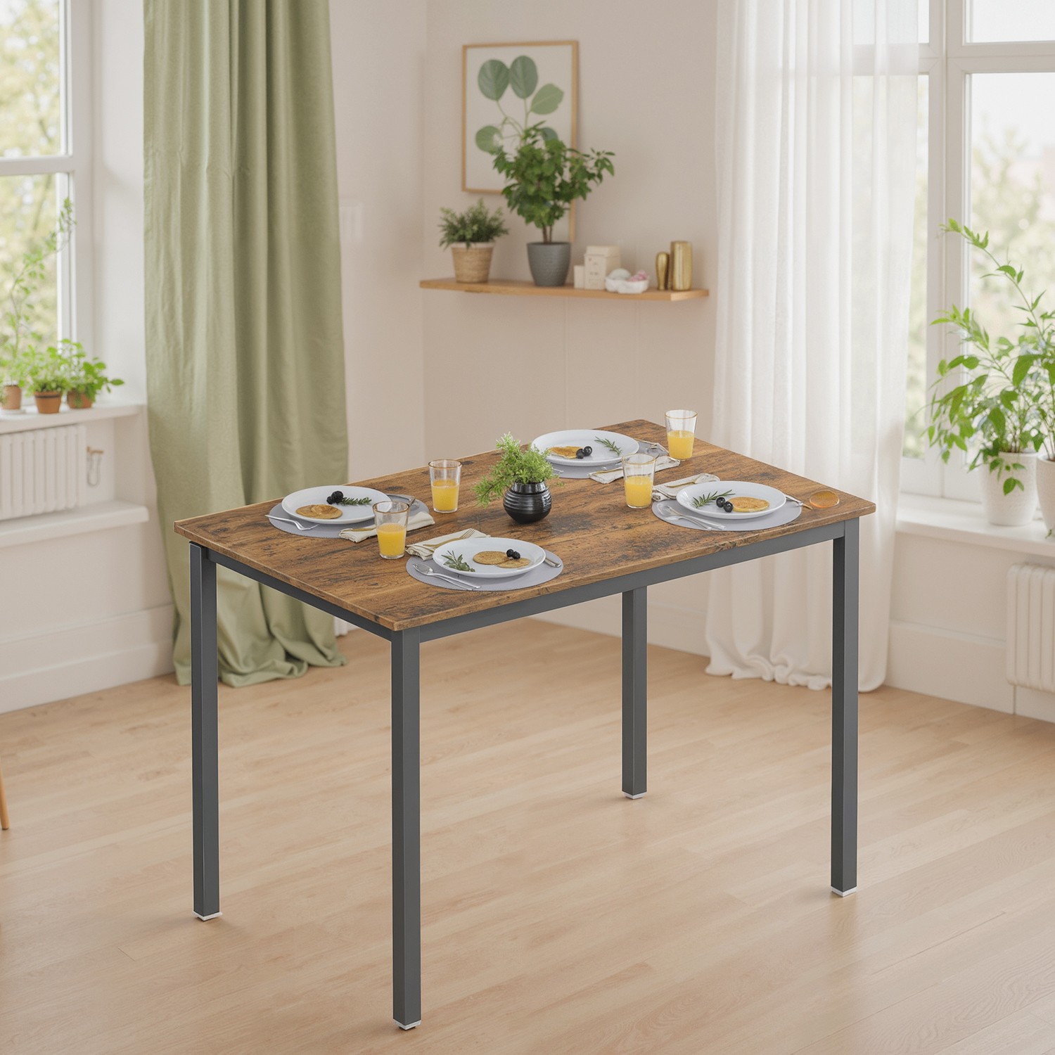 Söögilaud 4 inimesele, 110 x 70 x 77 cm, puitlaastplaat ja teras, must