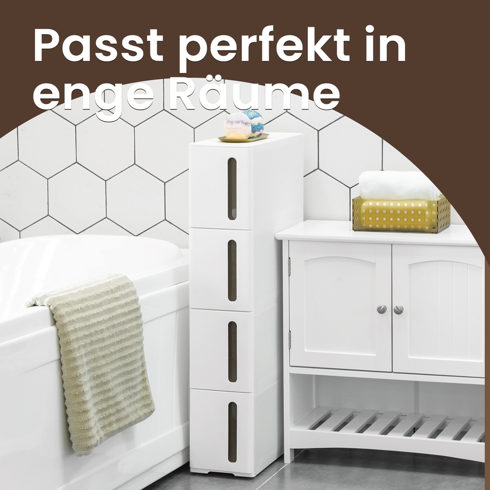 Kapea pyörillä varustettu hylly 4 laatikolla, PP, 45 x 17 x 84 cm, valkoinen - Image 4
