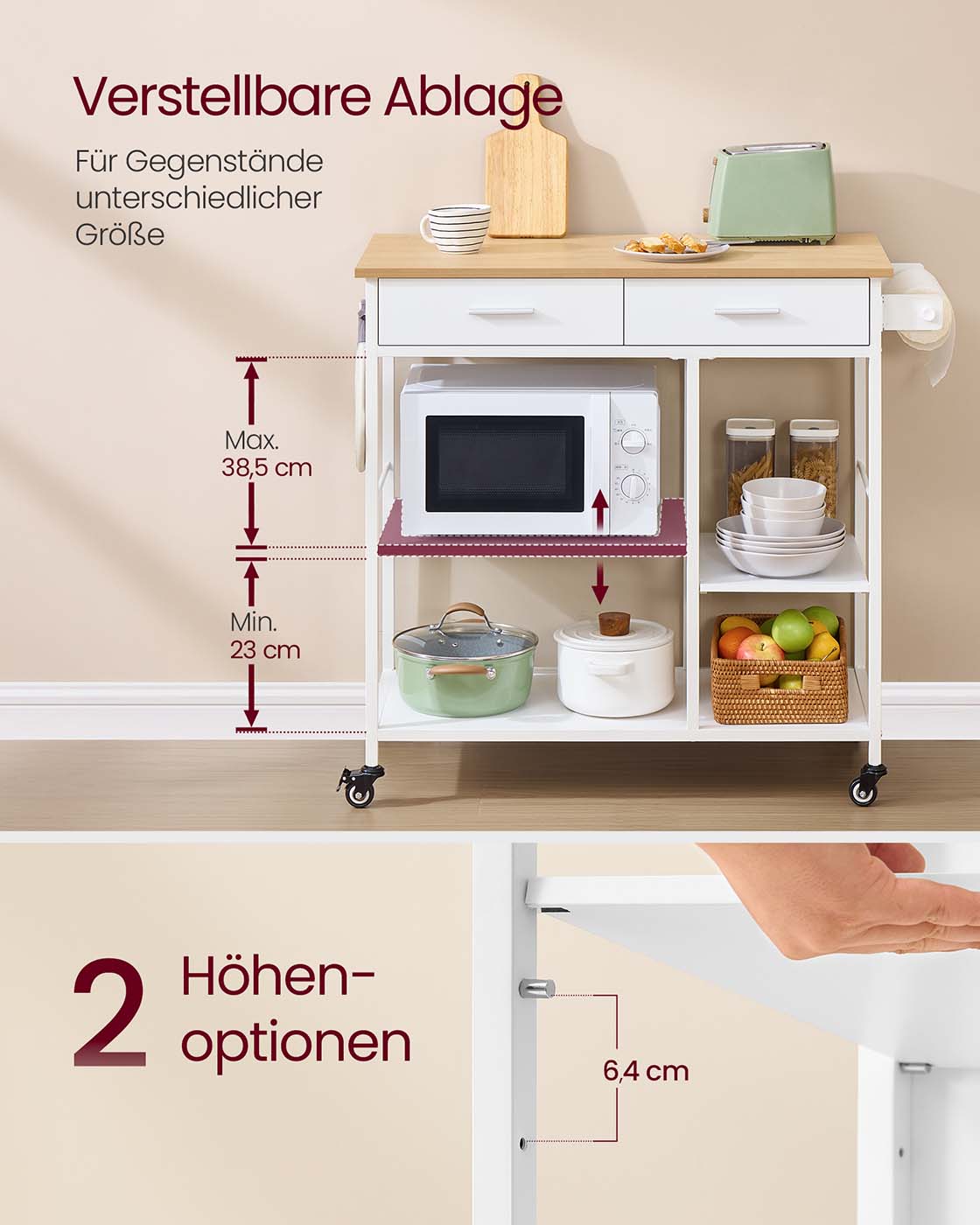 Pyörällinen keittiövaunu, 45 x 98,7 x 90 cm, laatikko ja 2 koukkua, 169 kg - Image 4