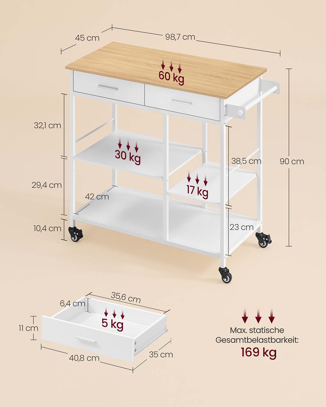 Pyörällinen keittiövaunu, 45 x 98,7 x 90 cm, laatikko ja 2 koukkua, 169 kg - Image 6