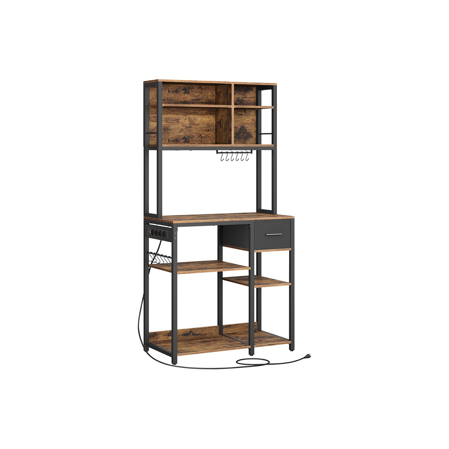 Virtuves plaukts 40 x 80 x 180,4 cm, regulējami plaukti, 12 āķi, brūns-melns