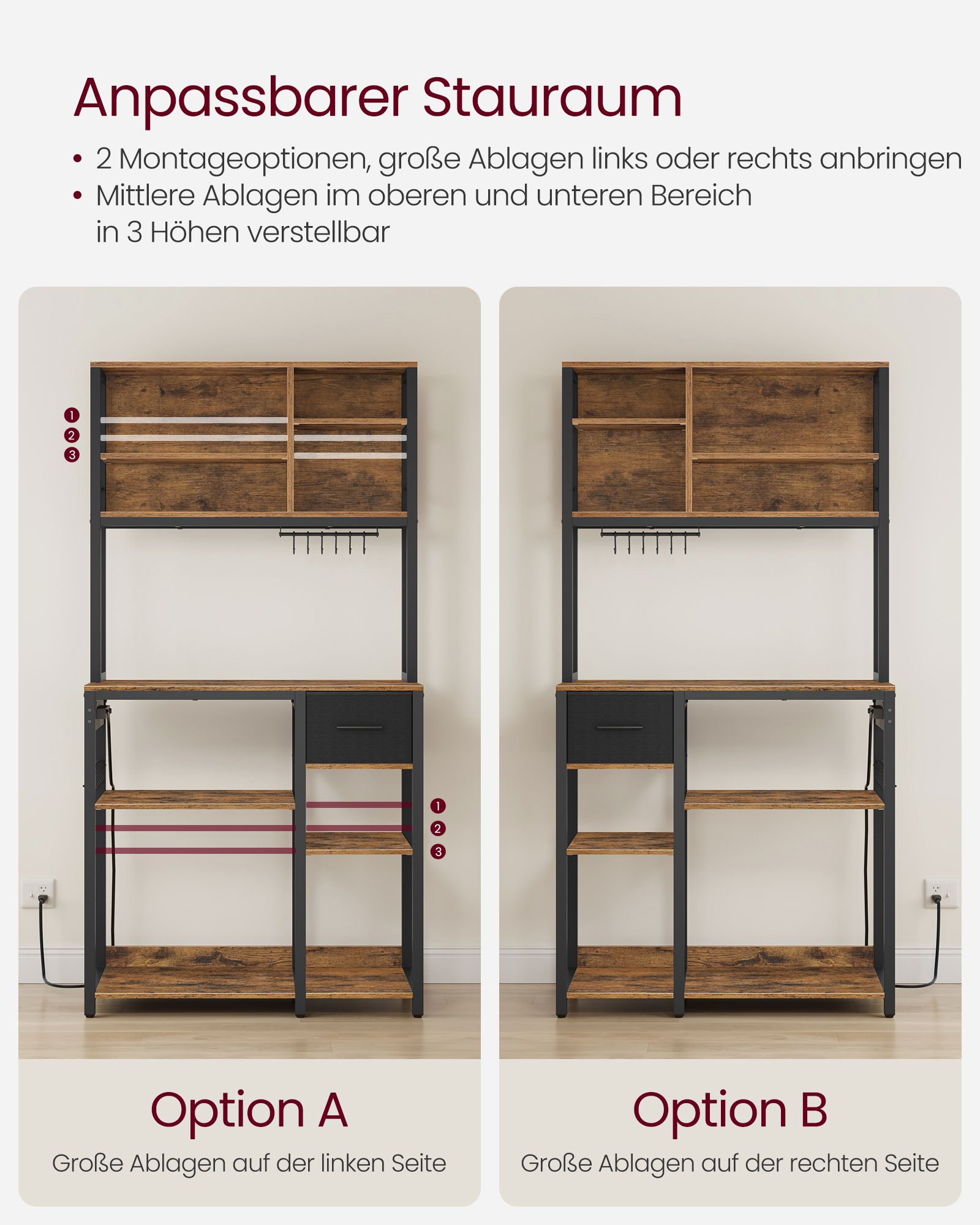 Virtuves plaukts 40 x 80 x 180,4 cm, regulējami plaukti, 12 āķi, brūns-melns - Image 5