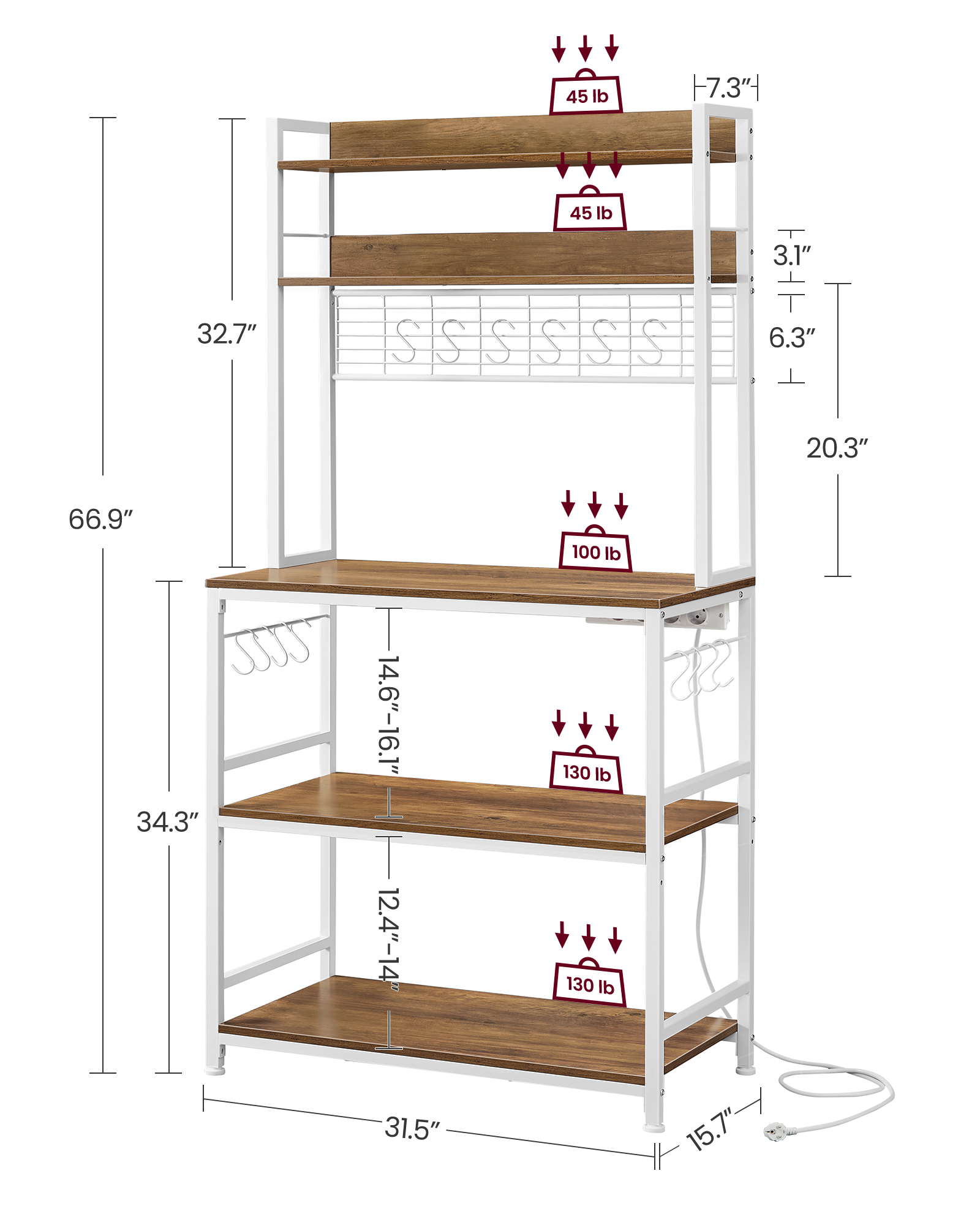 Virtuvinė lentyna su lizdais ir tinkleline plokšte, 40 x 80 x 170 cm, ruda ir balta - Image 6