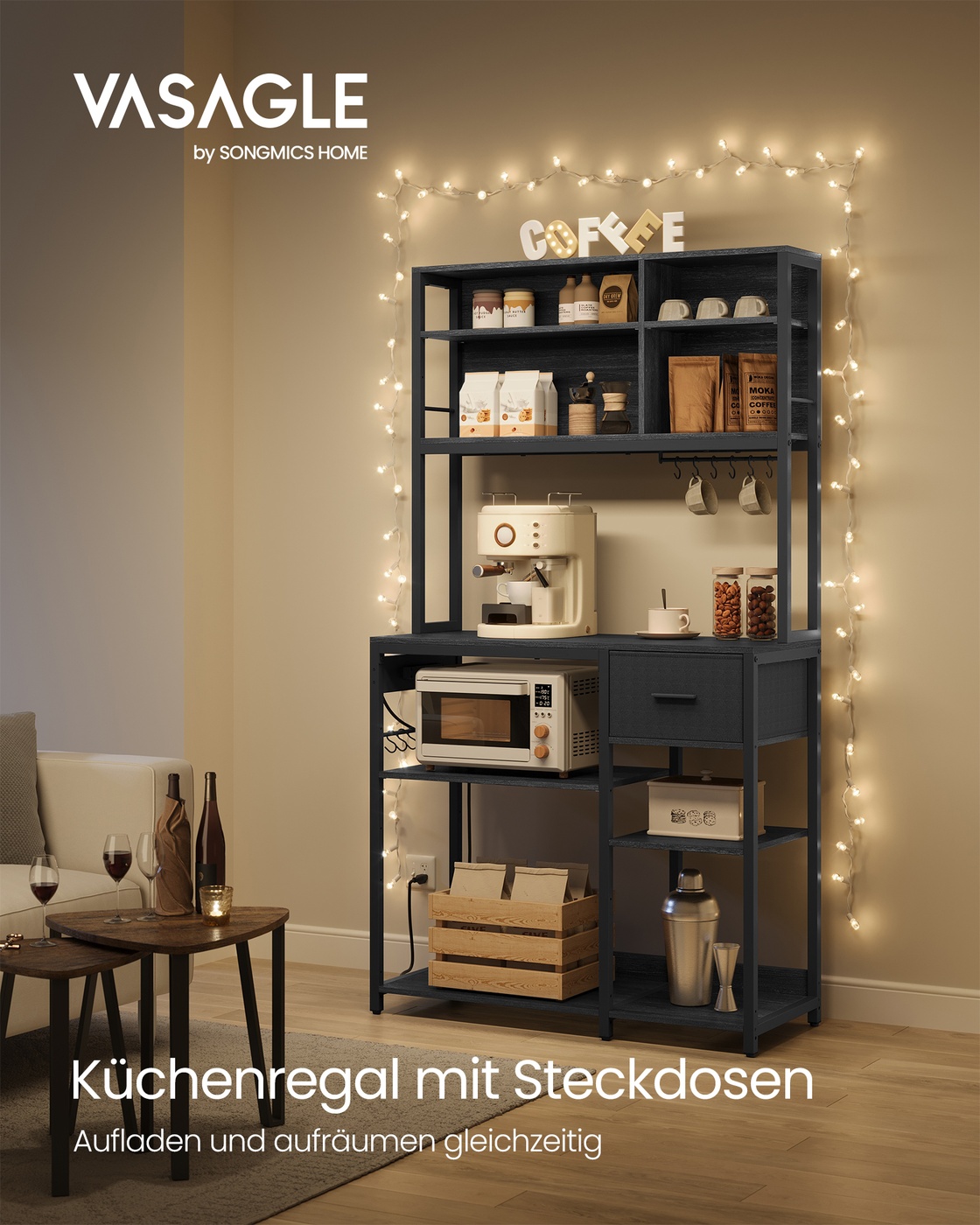 Keittiöhylly pistorasioilla ja kangaslaatikolla, 40 x 100 x 180,4 cm, antrasiitinharmaa - Image 2